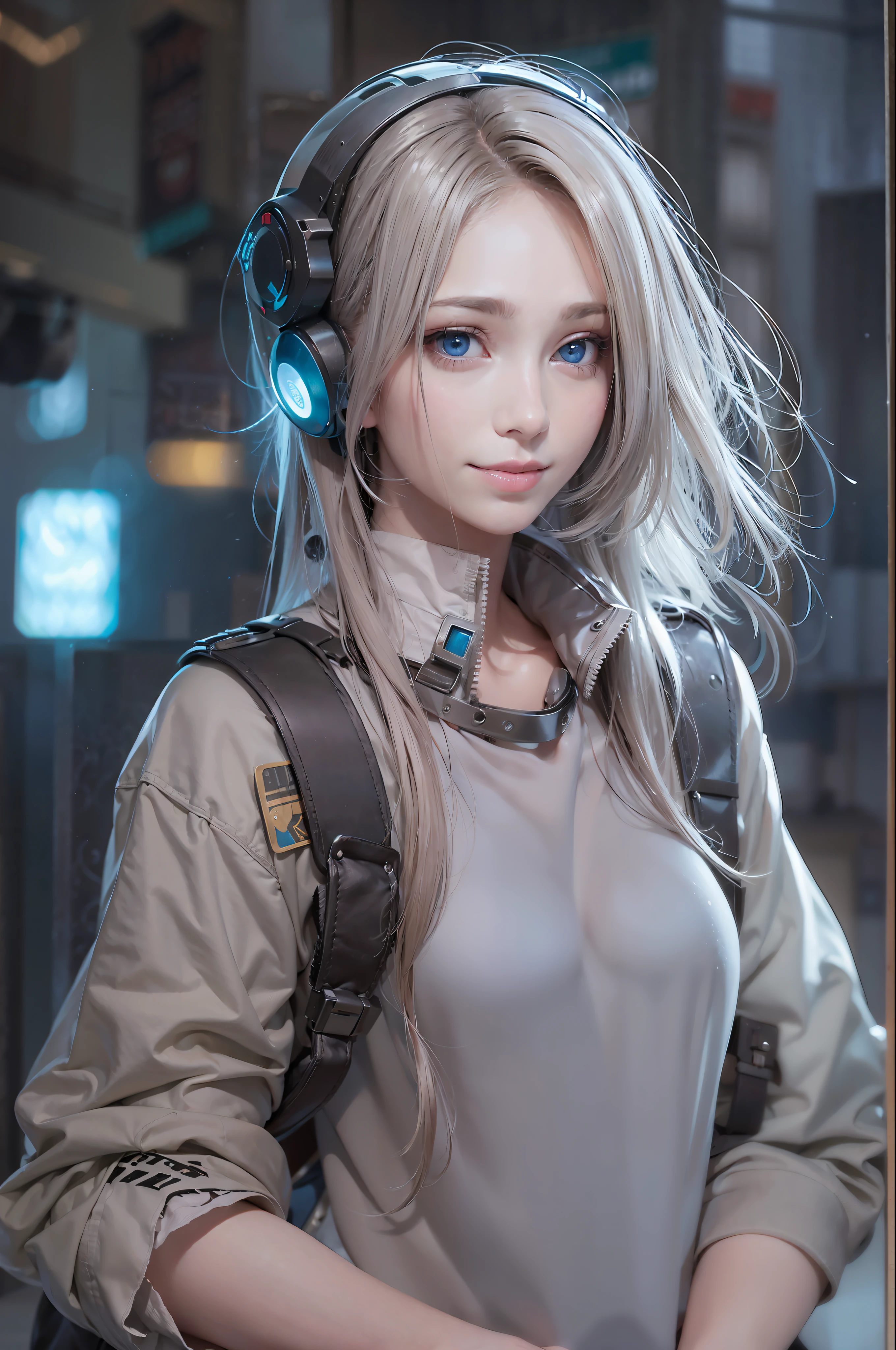 (Best quality, Masterpiece:1.1), (Realistic:1.4), 1girll, Works of masters,Best image quality,exquisite facial features,femele,Watery eyes,Sparkling pupils,happy laughing,Full body like,looking to the camera,with light glowing,Transparent silk,style of anime,(Robot beautiful girl,A hermit in the Eden Star Original anime,hacking,Sweet and charming blue eyes,Extra-long double ponytail hair,grin,wearing combat fatigues,There are face lines on the face,One hand crosses the waist、One finger forward,Head slightly raised),dynamic viewing angle