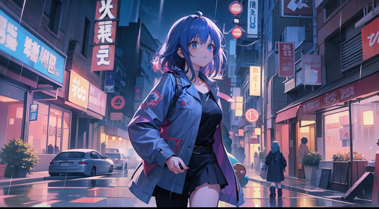 Anime girl walking down street in rain at night,, in the art style of 8 0 s anime, the anime girl is running, ' ramona flowers ', cosmic girl, style of anime4 K, 8 0 s anime art style, Praise Artstyle, official fanart, Anime style illustration