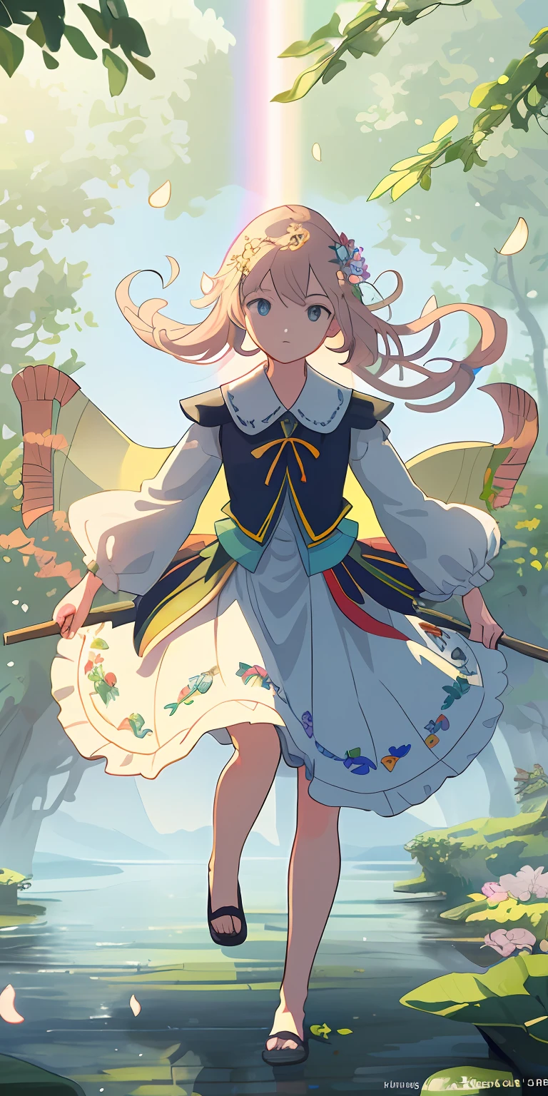 Masterpiece, best quality, (very detailed CG unity 8k wallpaper) (best quality), (best illustration), (best shadows) Nature&#39;s delicate leaves petals of rainbow colors falling in the air light Tracking, two boat, running flower  super detailed --v6