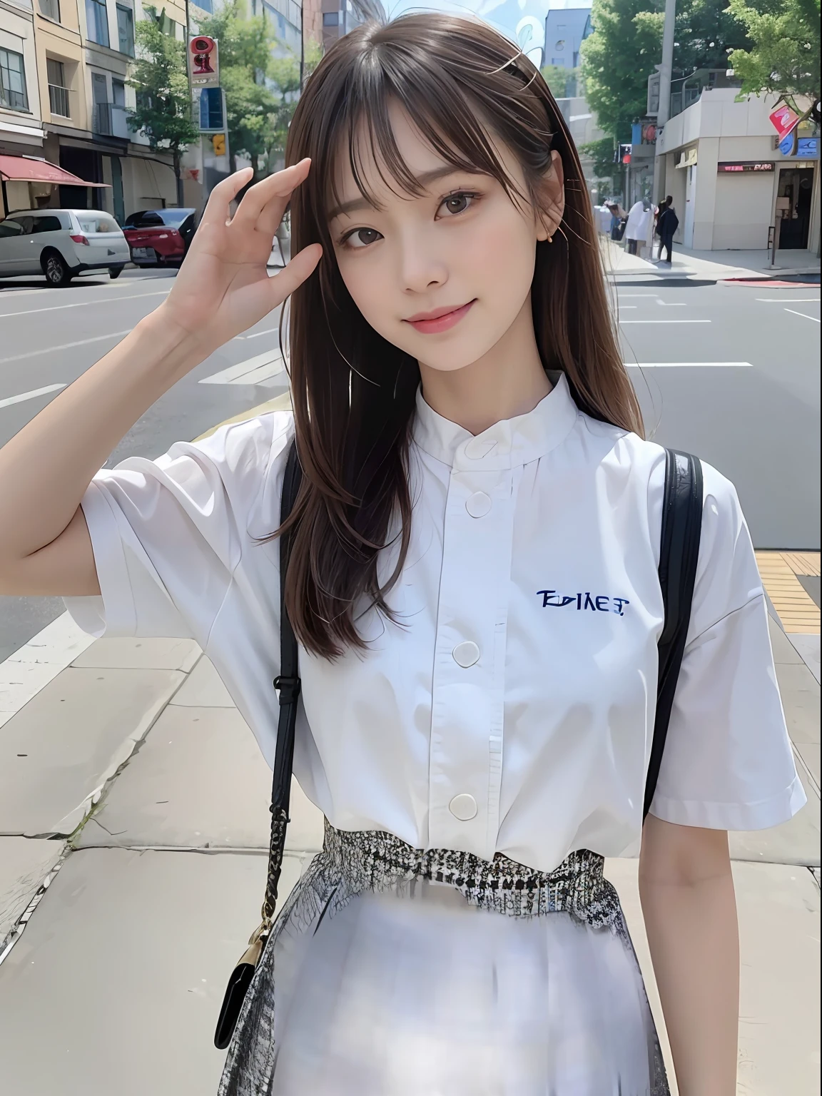 ((top-quality、in 8K、masterpies:1.3))、1girl in、Beautiful woman with slim abs accent:1.3、Super Detail Face、Delicat eyes、二重まぶた、full body Esbian、poneyTail、20yr old、Brown hair、Street、summer clothing、skirt by the、A smile、wave her hand、run