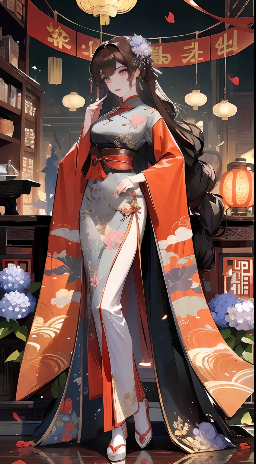 Masterpiece, Superb Product, Night, Full Moon, 1 Woman, Mature Woman, Chinese Style, Antique Chinese, Sister, Royal Sister, Smile, Brunette Hair, Updo, Red Lips, Calm, Intellectual, Hairpin, Hair Flower, Detailed Facial Details, Detailed Eyes, Full Body, Gray Eyes, Long Hair, Hydrangeas