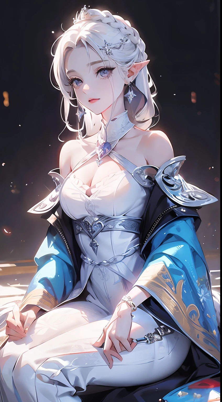 Best quality, highly detailed, masterpiece, ultra detailed, (reality: 1.2), 1 girl, (white background), simple background, delicate eyes, silver hair, purple eyes, hair_ornament, (white off-the-shoulder shirt: 1.3), long hair, pointy_ears, crown_braid, expressionless, straight hair, (++ sitting: 1.2), room,