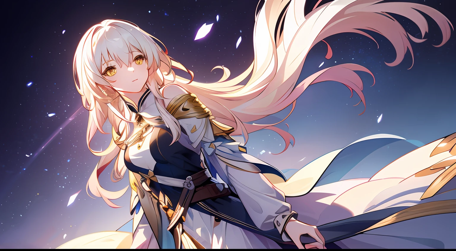 an extremely delicate and beautiful CG illustration, best quality, high resolution, dynamic angle, full-length shot, (1girl), yellow eyes and straight long white hair, floating, soft light, high-key lighting)