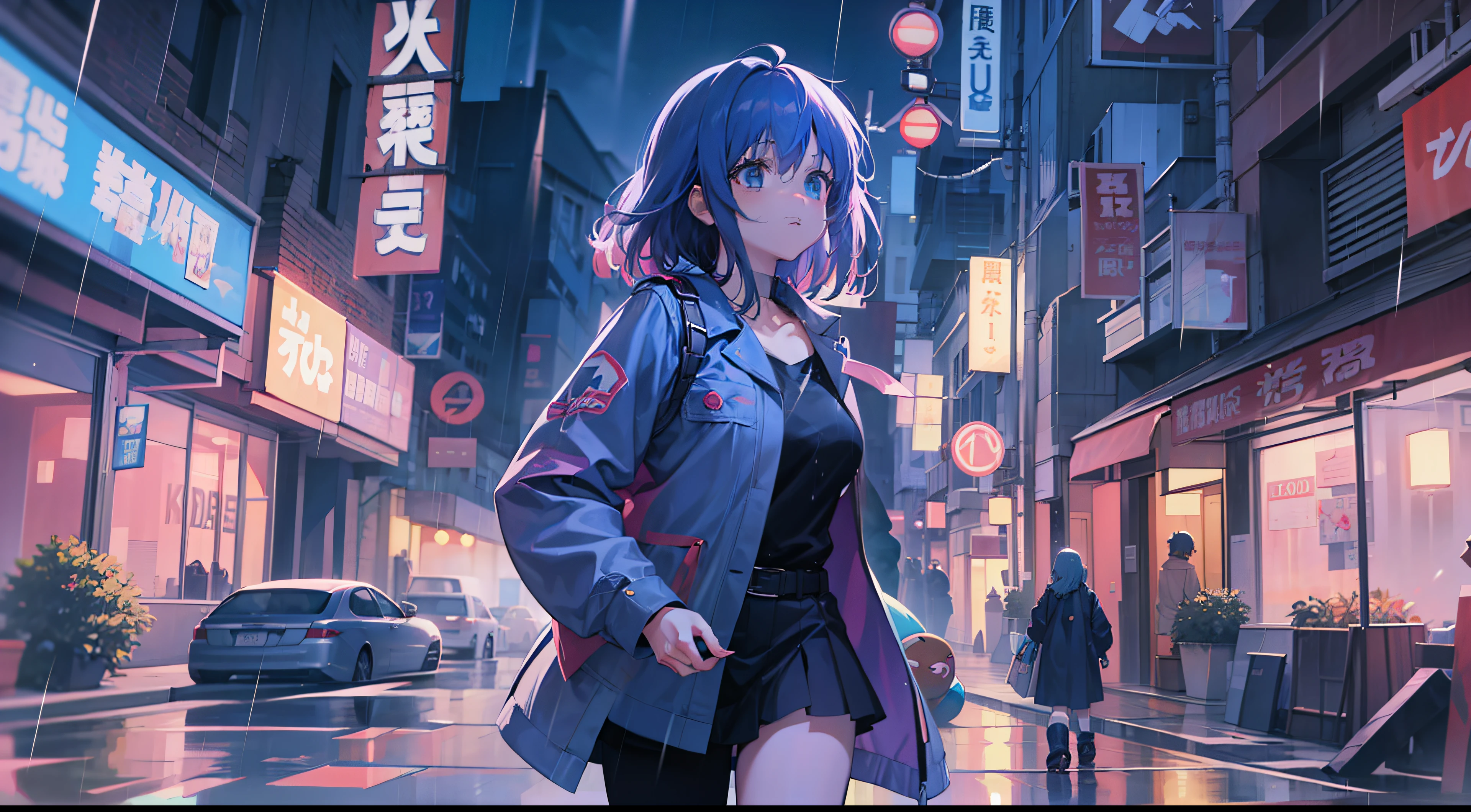 Anime girl walking down street in rain at night,, in the art style of 8 0 s anime, the anime girl is running, ' ramona flowers ', cosmic girl, style of anime4 K, 8 0 s anime art style, Praise Artstyle, official fanart, Anime style illustration