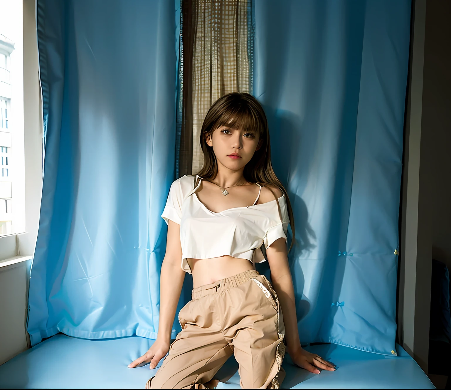 Obra maestra, mejor calidad, Arafed Woman sitting on a windowsill in front of a curtain, She is approximately , Imagen de cuerpo entero, 11 years oldrop of natural light, standing in a dimly lit room, She is about 11 years old, She is aboold,remera manga corta, pan, full body photogenic shot, pose casual