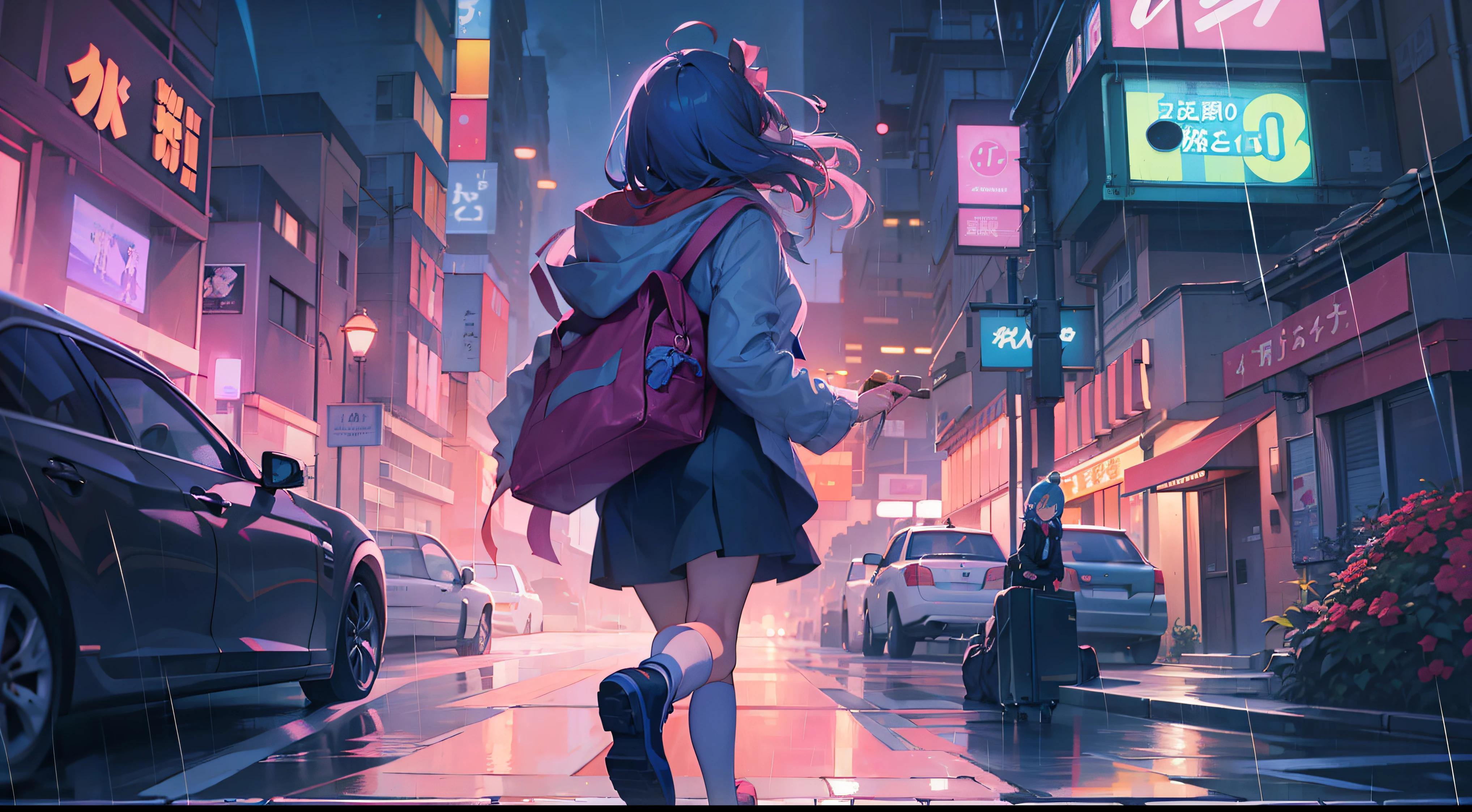 Anime girl walking down street in rain at night,, in the art style of 8 0 s anime, the anime girl is running, ' ramona flowers ', cosmic girl, style of anime4 K, 8 0 s anime art style, Praise Artstyle, official fanart, Anime style illustration