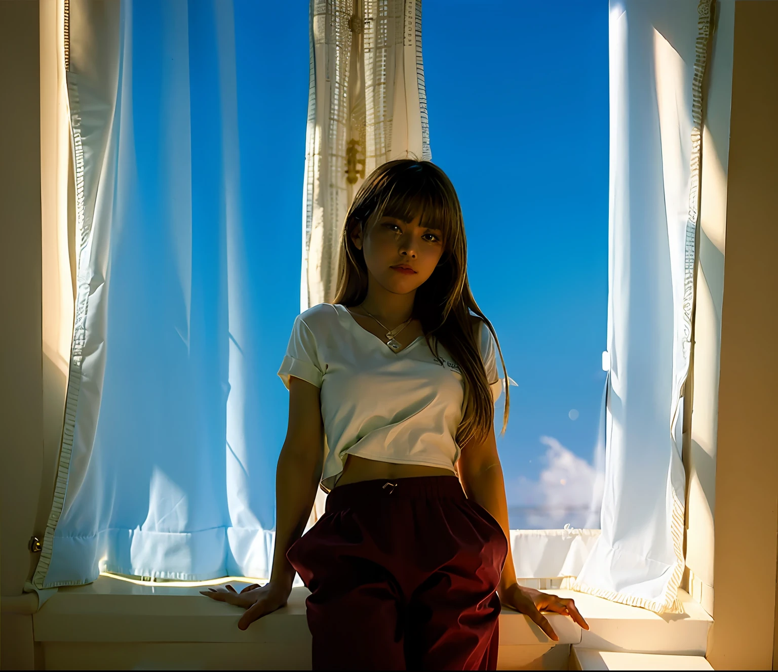 Obra maestra, mejor calidad, Arafed Woman sitting on a windowsill in front of a curtain, She is approximately , Imagen de cuerpo entero, 11 years oldrop of natural light, standing in a dimly lit room, She is about 11 years old, She is aboold,remera manga corta, pan, full body photogenic shot, pose casual