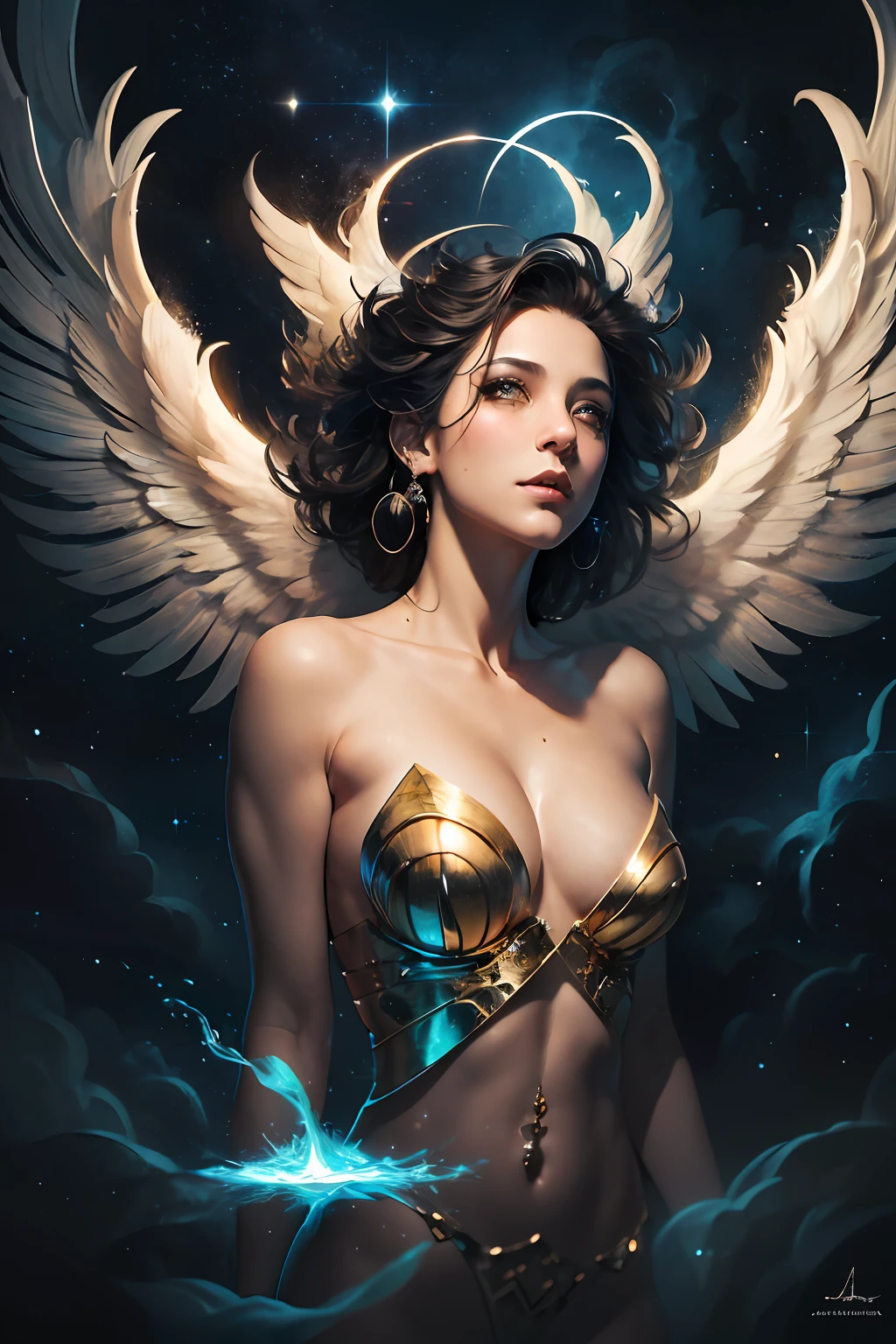 (obra maestra), (mejor calidad: 1.4), absurdos, [:Detalles intrincados:0.2],bruja, angel wings, milky way, cielo, Aura brillante, enfoque intenso, crackling energy, mysterious symbols, motas brillantes,Paticulas,muchos detalles
