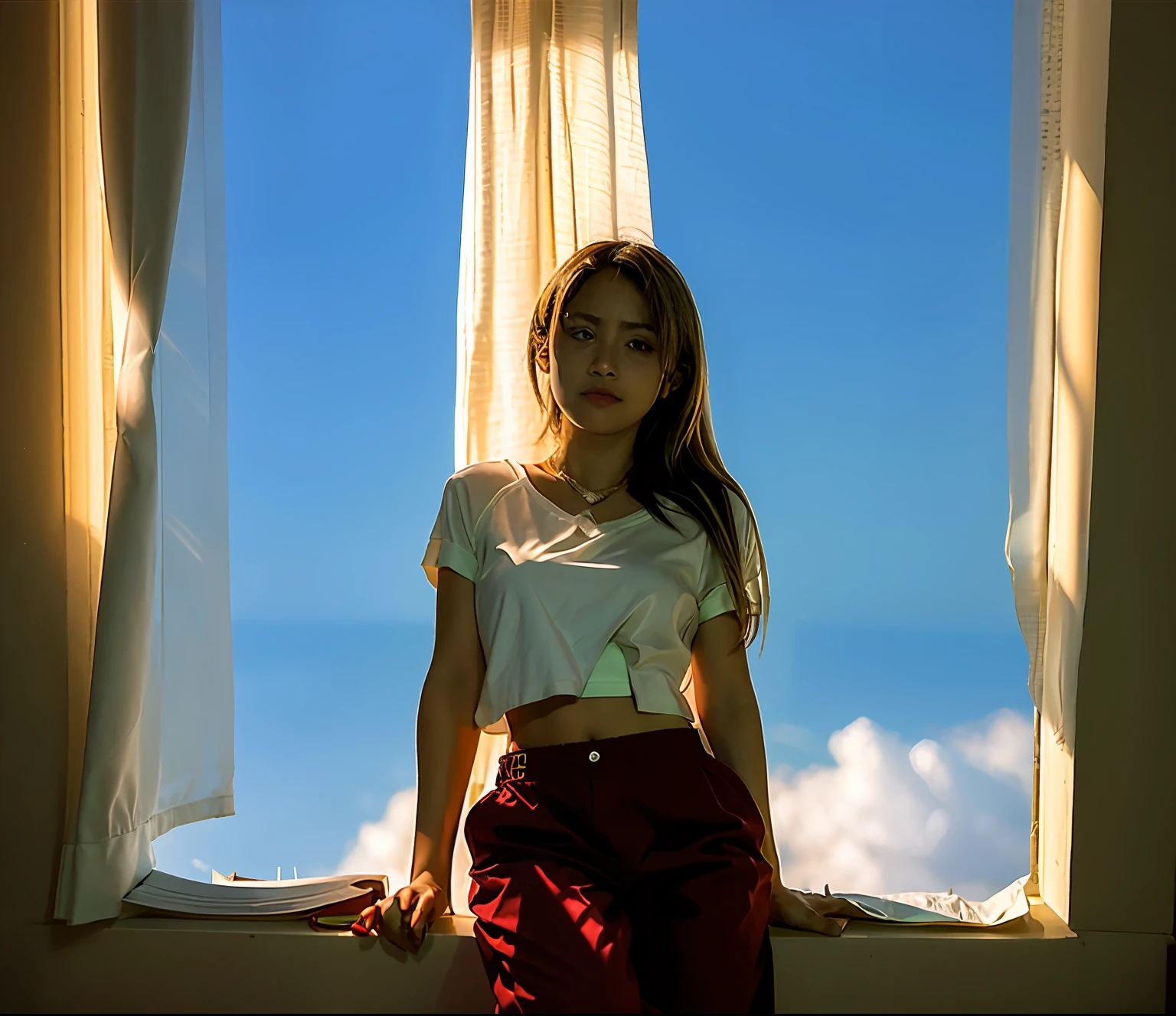 Obra maestra, mejor calidad, Arafed Woman sitting on a windowsill in front of a curtain, She is approximately s old, Imagen de cuerpo entero, 11 yearwith backdrop of natural light, standing in a dimly lit room, She is about 11 years old, about 11 years old,remera mrta, pantalon suelto, full body photogenic shot, pose casual