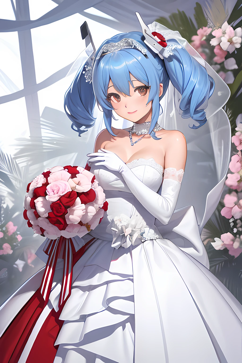 Prinz Eugen,((Masterpiece)), (((Best quality))), ((Ultra-detailed)), ((illustration)), ((Disheveled hair)), ((frilld)), (1 girl), (Solo), Bare shoulders ， Blue hair ， Bouquet ， choker necklace， 鎖骨 ， Clothing ， dress ， Elbow gloves， Female ， flower ， frilld， Collection， mitts， hair between eye， Headgear ， Holding， holding flower bouquet ， holding object ， Light smile， view the viewer， Red eyes， Short twin tails， No shoulder strap ， Strapless dress ， hair tying， double tails， two hand ， (Wedding dress:1.2)， a white choker ， White dress， White gloves， a white choker ， white sash ，