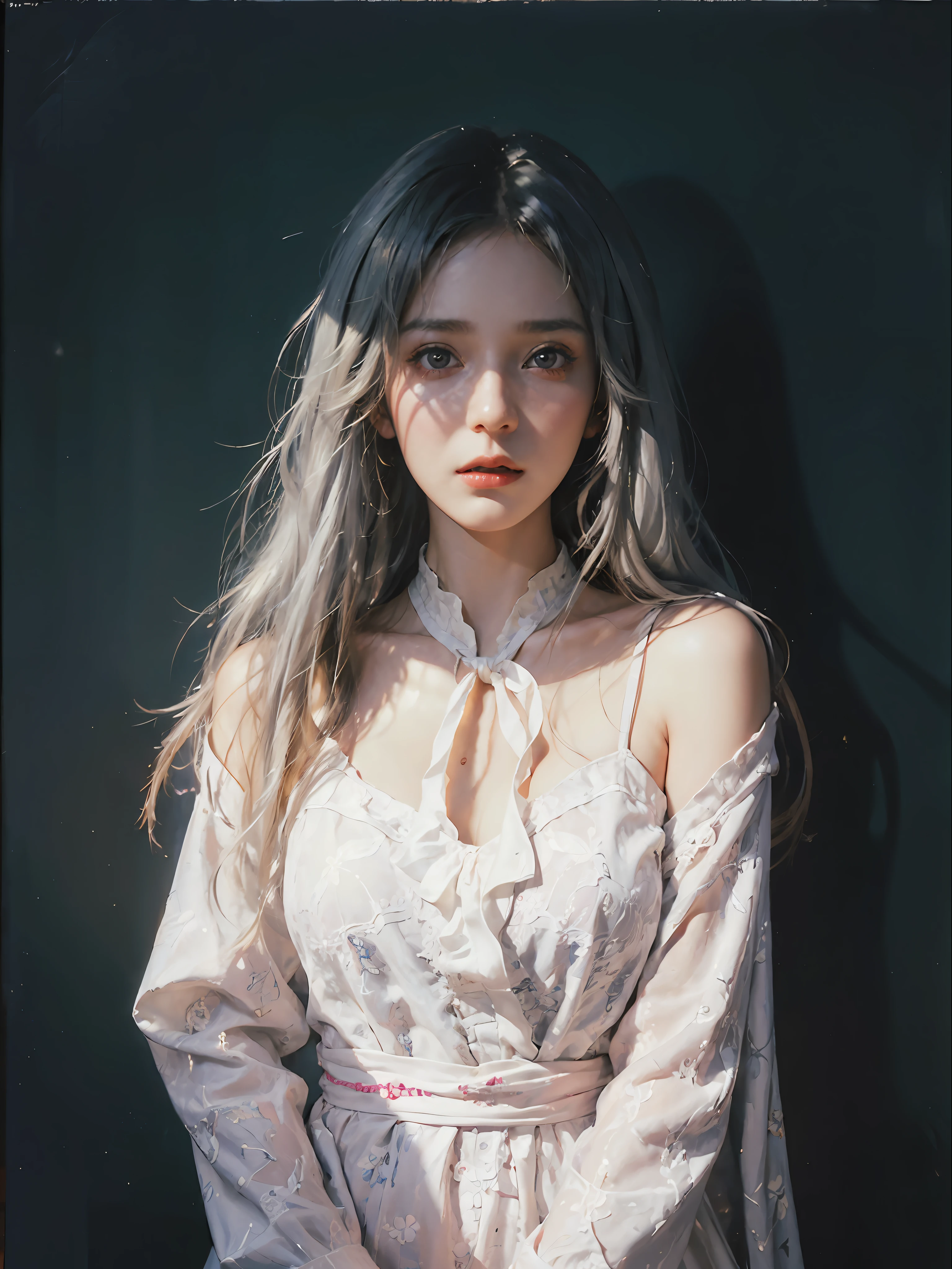 Hyperrealist portrait of female by david hockney and alphonse mucha,fantasy art, photo realistic, dynamic lighting, artstation, poster, volumetric lighting, very detailed faces, 4 k, award winning,, 1girl, in the dark, deep shadow, low key,cowboy shot,(official clothing:1.4) ,long hair,white hair,