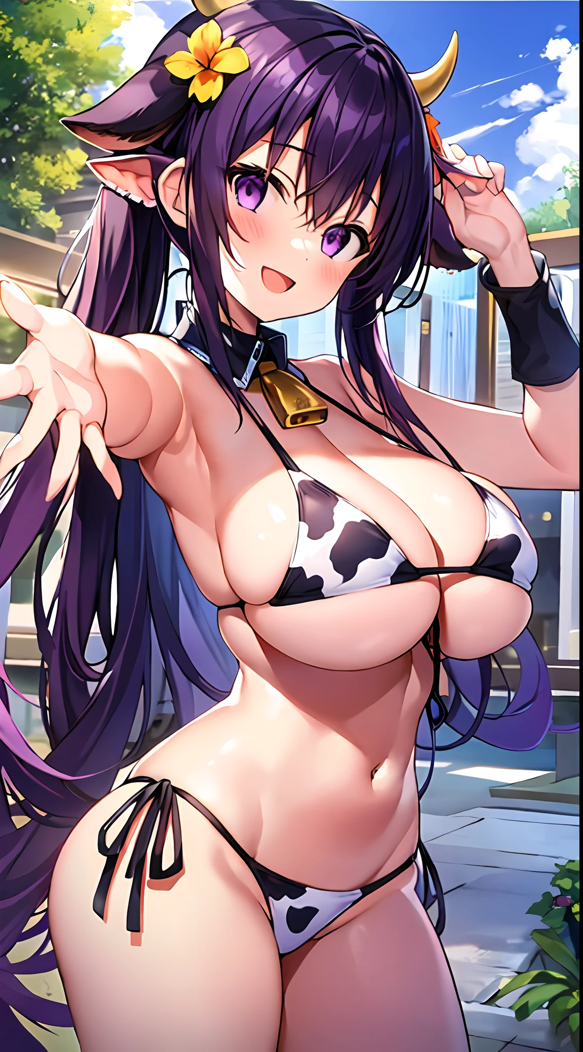 (masterpiece:1.0), (1girl), (gigantic breast:1.1), (twin tail), (cow print:1.1), (bikini), (outstretched arm), (Purple black hair), (looking at viewer), (:d), (outdoor)