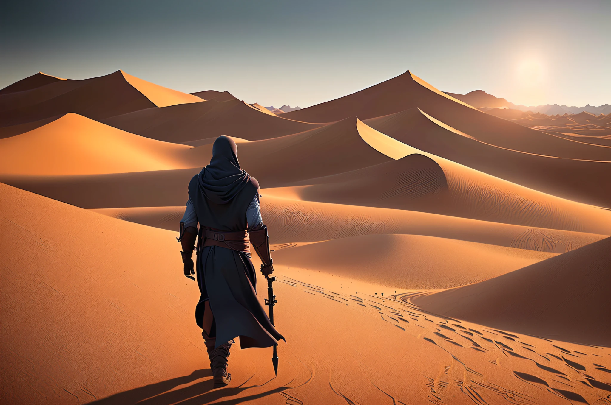 Star Wars poster,A man in a hoodie walks in the desert,The background is a vast desert,Endless desert, fantasy style 8 k octane render, HQ 4K wallpaper, (rendering by octane) Fantasy style, hooded cloaked sith lord, cinematic 4k octane render, 4 k movie octane rendering, octane render cinematic, dune style, octane render”, octane render”, ww 1 sith sorcerer