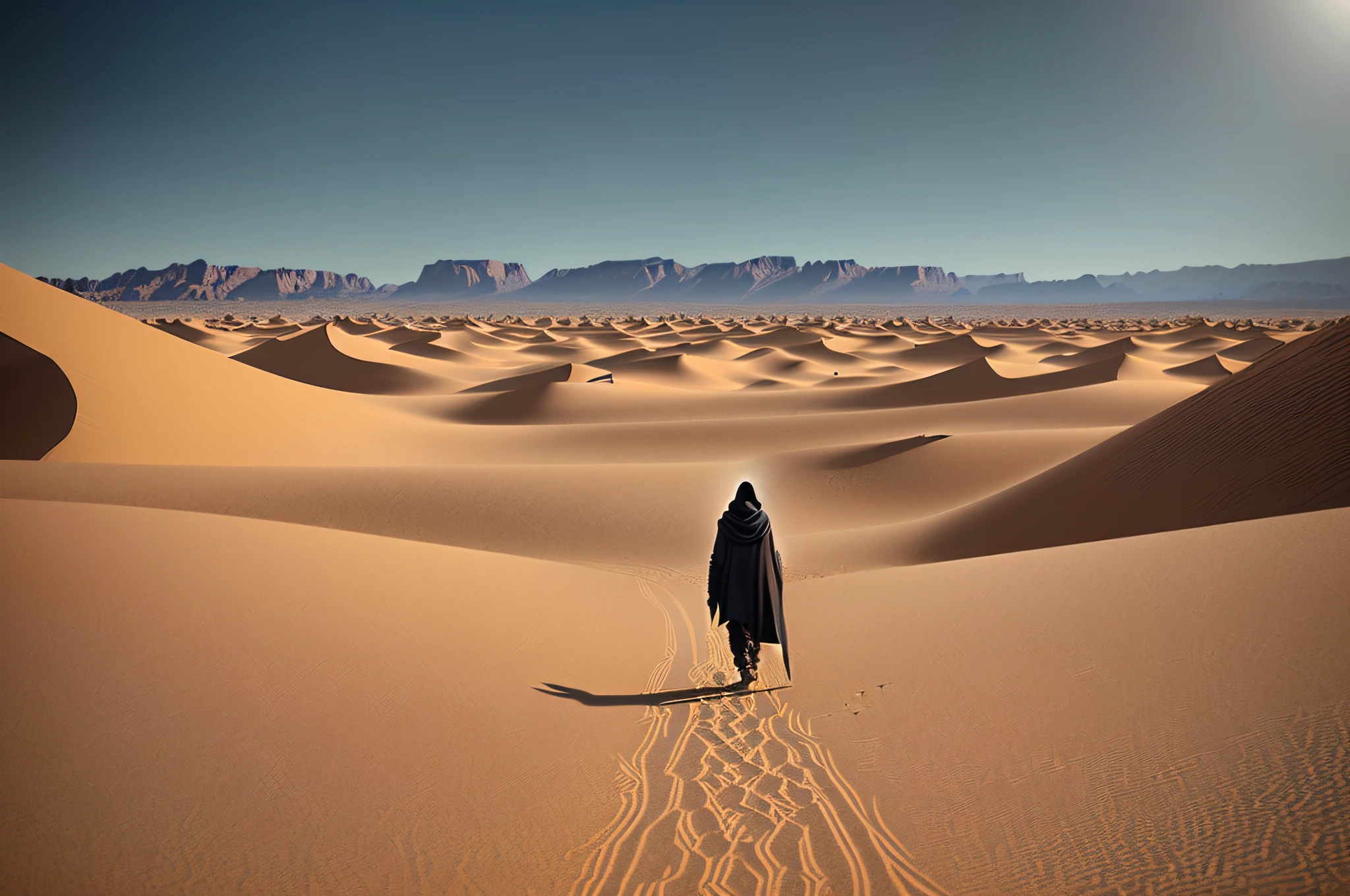Star Wars poster,A man in a hoodie walks in the desert,The background is a vast desert,Endless desert, fantasy style 8 k octane render, HQ 4K wallpaper, (rendering by octane) Fantasy style, hooded cloaked sith lord, cinematic 4k octane render, 4 k movie octane rendering, octane render cinematic, dune style, octane render”, octane render”, ww 1 sith sorcerer
