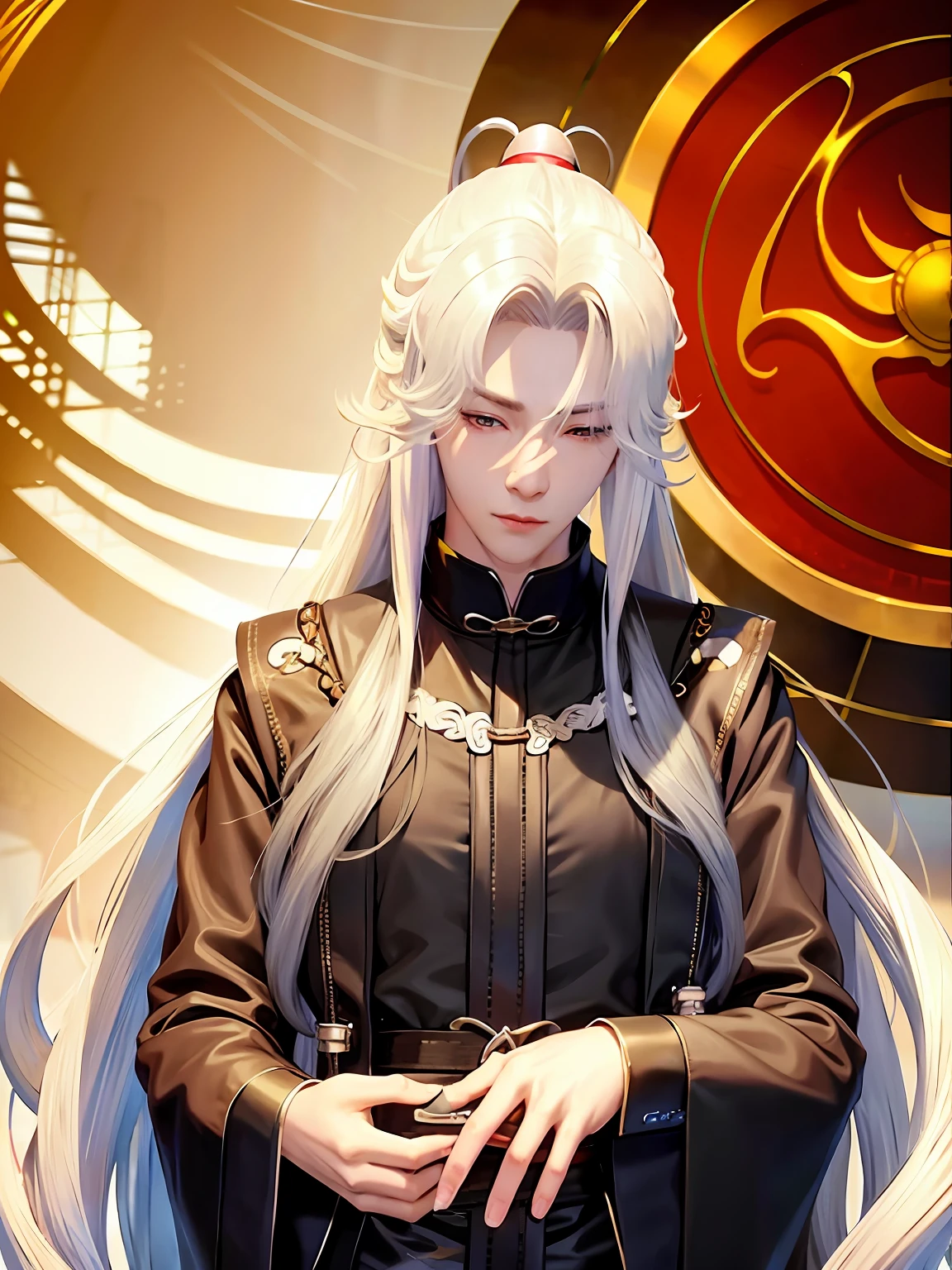 long white hair,hair splayed out,Young men,looking down on the camera,China-style,One side of the long hair covers the eyes,a scar on his left eye,The corners of the mouth are downward,Two-dimensional CG,The upper part of the body