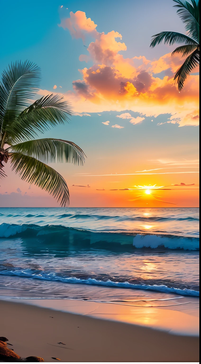Create a 4K 9:16 image that depicts a stunning sunrise on a tropical beach, with gentle waves and palm trees along the coast. The color palette should be vibrant and convey a sense of renewal and positive energy.
