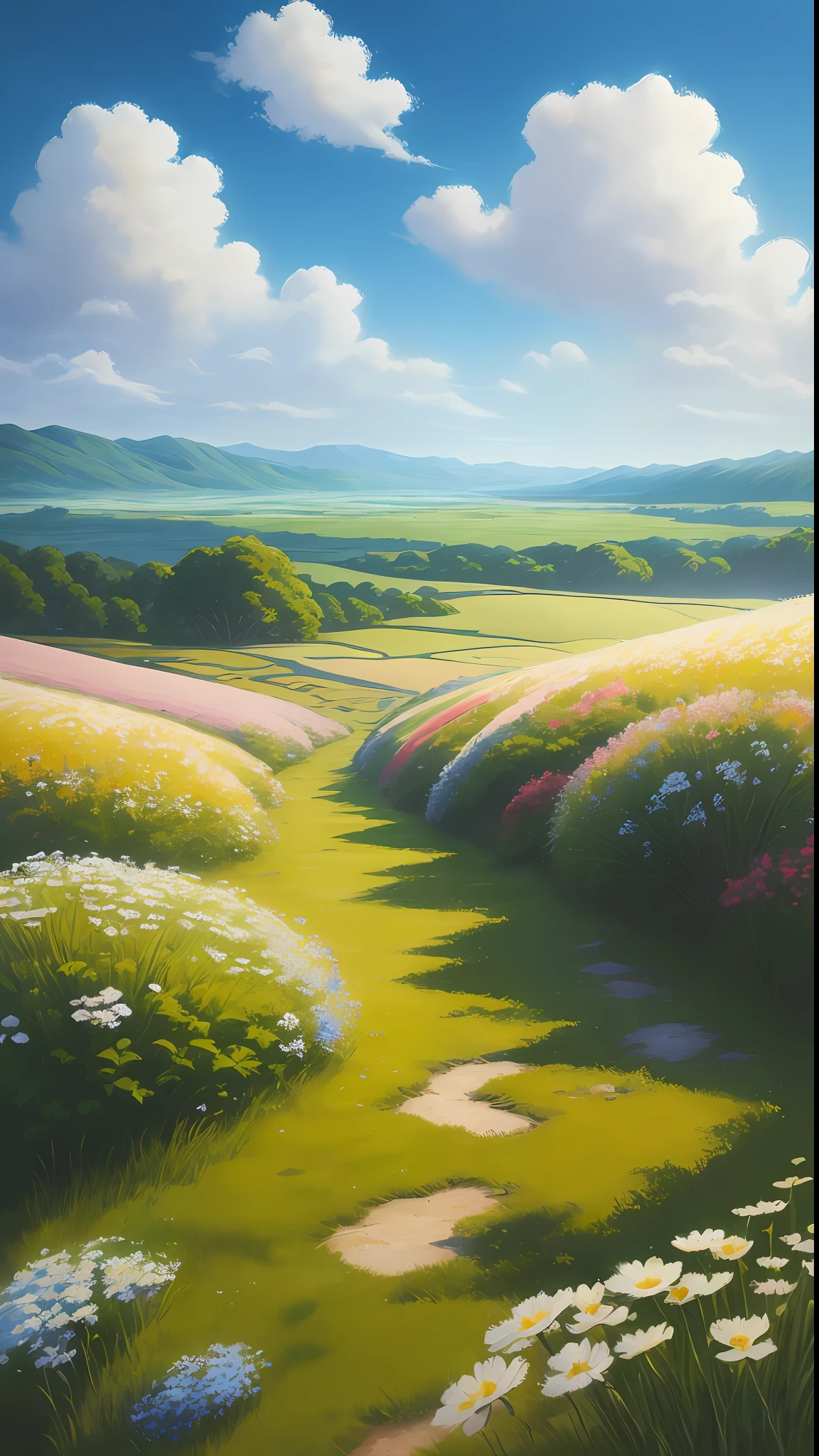 Realistic, authentic, beautiful and amazing landscape oil painting Studio Ghibli Hayao Miyazaki's petal grassland with blue sky and white clouds --v6