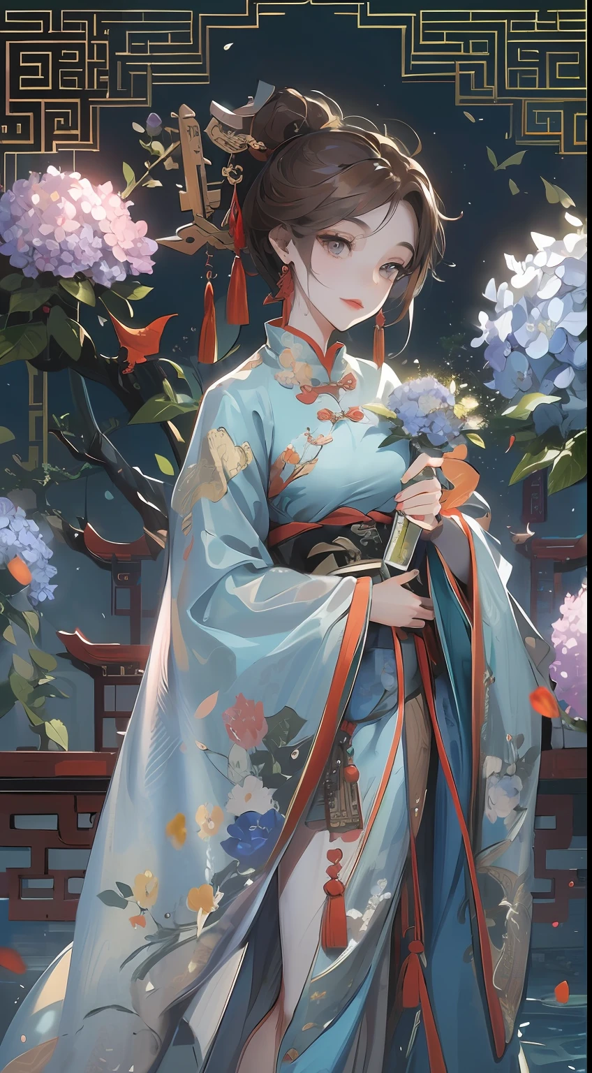 Masterpiece, Superb Product, Night, Full Moon, 1 Woman, Mature Woman, Chinese Style, Antique Chinese, Sister, Royal Sister, Smile, Brunette Hair, Updo, Red Lips, Calm, Intellectual, Hairpin, Hair Flower, Detailed Facial Details, Detailed Eyes, Full Body, Gray Eyes, Long Hair, Hydrangeas