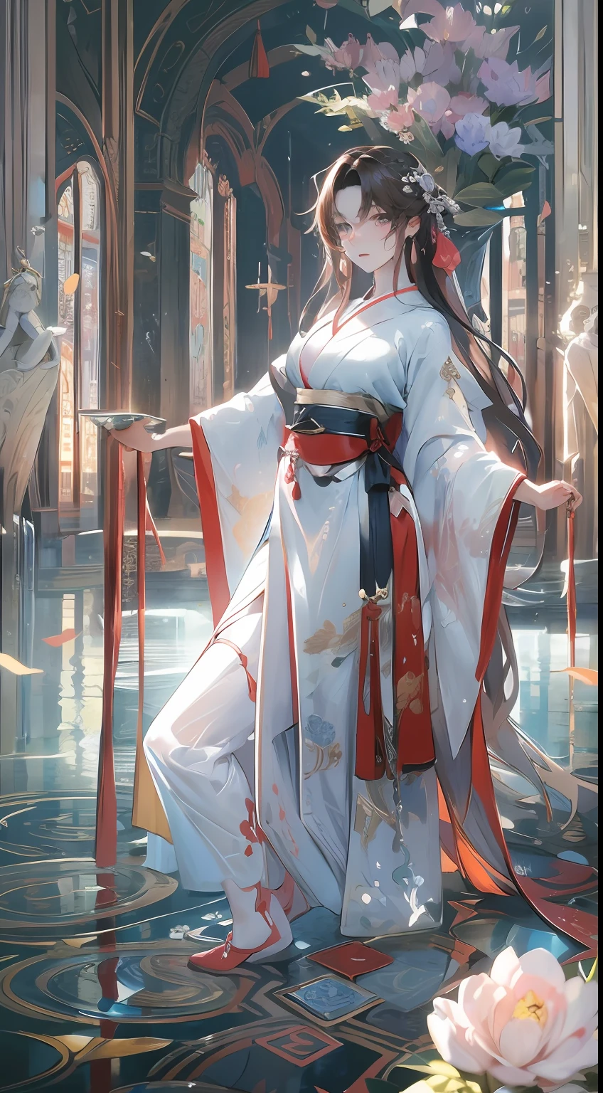 Best quality at best,tmasterpiece,illustratio,an extremely delicate and beautiful,The is very detailed,CG,unity,8k wallpaper,astounding,finely detailled,tmasterpiece,Best quality at best,offcial art,Very detailed CG unity 8k wallpaper,absurderes,Incredibly Ridiculous res,hugefilesize,ultra - detailed,A high resolution,The is very detailed,Beautiful detailed girl,very detailed eyes and faces,beatiful detailed eyes,light in face,(Hanfu:1.1),1girll,full bodyesbian,full bodyesbian,shot of,,tmasterpiece,1girll,独奏,brunette color hair,white dresses,,white thighhig,lake,dampness