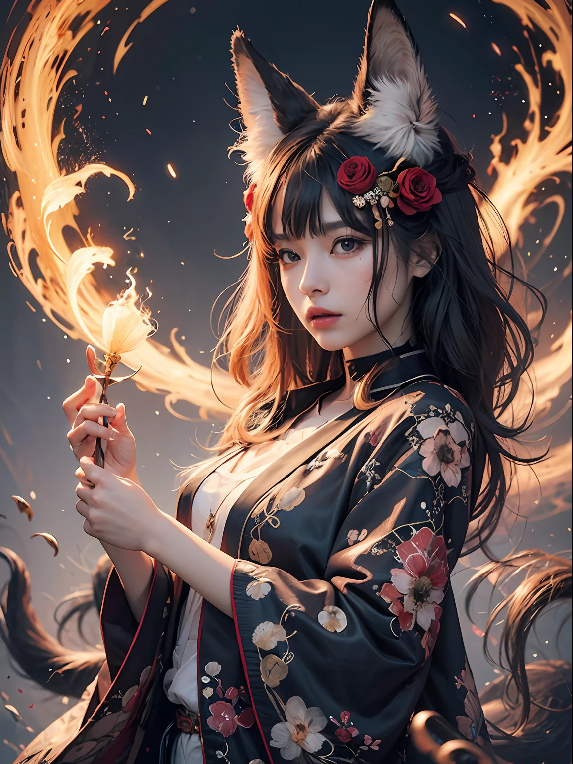 1girl, solo, official art, unity 8k wallpaper, ultra detailed, beautiful and aesthetic, masterpiece, best quality, photorealistic, (abstract background) (zentangle, mandala, tangle, entangle background:0.7) Kitsune, fox mask, haori jacket, foxfire spell, fox familiar, transformation, depth of field, Fantastical Atmosphere, the most beautiful form of chaos, elegant, a brutalist designed, flower of death, ecstasy of flower