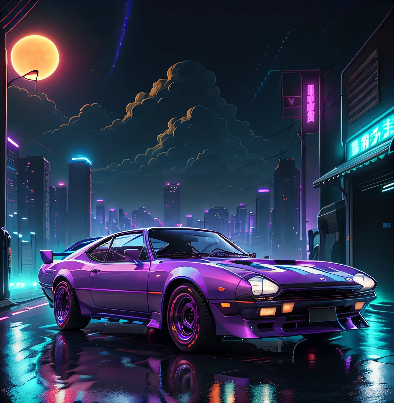 retrowave。城市， 1969 Nissan S30， wide body kit， pathway， PURPLE NEON MONITOR LIGHT， suns， mont，The Car。cyber punk perssonage，城市，road