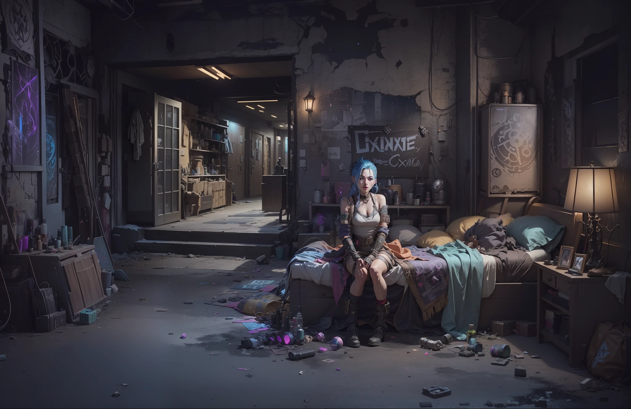 ((Best quality)), ((masterpiece)), (highly detailed:1.3), 3D, arcane style,In the dark and courageous dystopian city of Piltover, plagued by violence and divided into two opposing factions, a young prodigy named Jinx emerges. Having endured unimaginable loss and abandonment, she embraced a life of chaos and destruction. Known for her inventive and explosive abilities, Jinx becomes an icon of rebellion against the oppressive forces that control the city. However, haunted by guilt and battling inner demons, she must confront her past and decide whether to continue on the path of anarchy or seek redemption amid the turmoil. Explore Jinx's journey as she navigates a treacherous world, fighting for survival, unlocking secrets, and discovering the true meaning of her twisted existence, chaos reigns supreme, and at the center of it all is Jinx, the embodiment of unpredictability. Delve deep into Jinx's twisted mind, exploring the origins of his madness and the driving force behind his destructive nature. Unravel the moments that shaped her into the crazed, iconic character we know. Take us on a wild journey through the vibrant streets of Piltover and the shadowy suburb of Zaun as Jinx wreaks havoc with his explosive arsenal. Can redemption find its way into Jinx's fractured soul? Or will she dance forever on the edge of sanity, embracing the chaos that fuels her very existence? Arcane's fate hangs in the balance as Jinx's path intertwines with unlikely allies and formidable enemies. Ignite your imagination and paint a vivid portrait of Jinx's distorted psyche, capturing the essence of her madness and the indomitable spirit that defines it, HDR (High Dynamic Range), Ray Tracing, NVIDIA RTX, Super-Resolution, Unreal 5, Subsurface Scattering, PBR Texturing, Post-processing, Anisotropic Filtering, Depth of Field, Maximum Clarity and Sharpness, Multit Textures