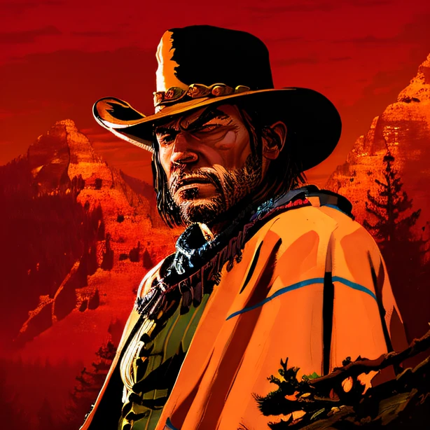 R3DD34Dstyle, digital portrait, john marston, cowboy hat, (bright brown poncho:1.3), laying on rocks in the high ground in mountains, very sad, dark sky, early sunset, forest in the distance,