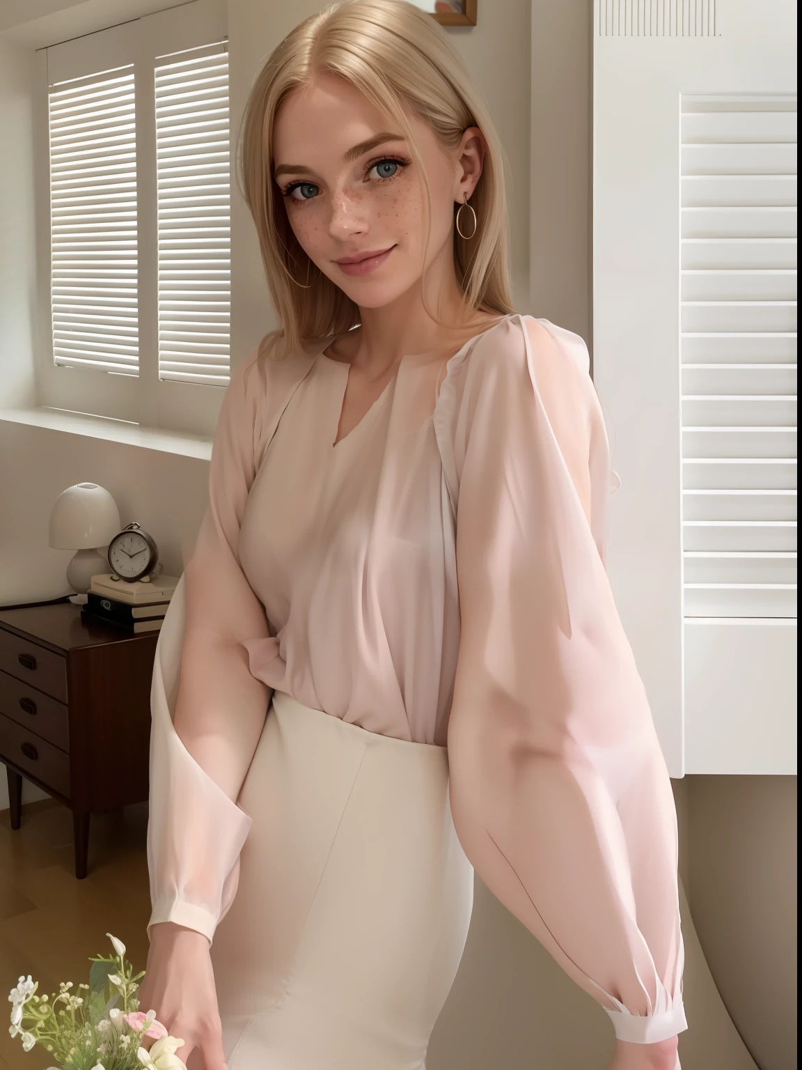 Rosto de uma mulher, americana, 30 anos, pale skin and freckles, olhos cinzas, nariz delicado, soft and delicate lips, cabelo blondie cinza, ultrarrealista HD fotorrealista altamente renderizado sorriso cativante, head proportional to the body,
