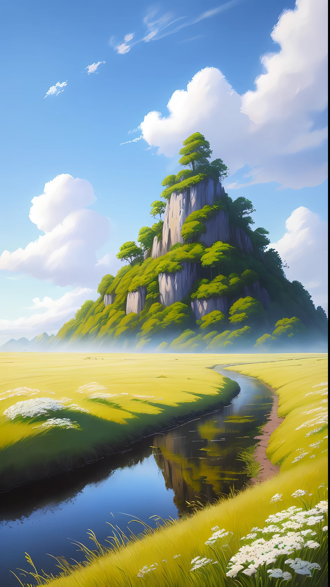Realistic, authentic, beautiful and amazing landscape oil painting Studio Ghibli Hayao Miyazaki's petal grassland with blue sky and white clouds --v6