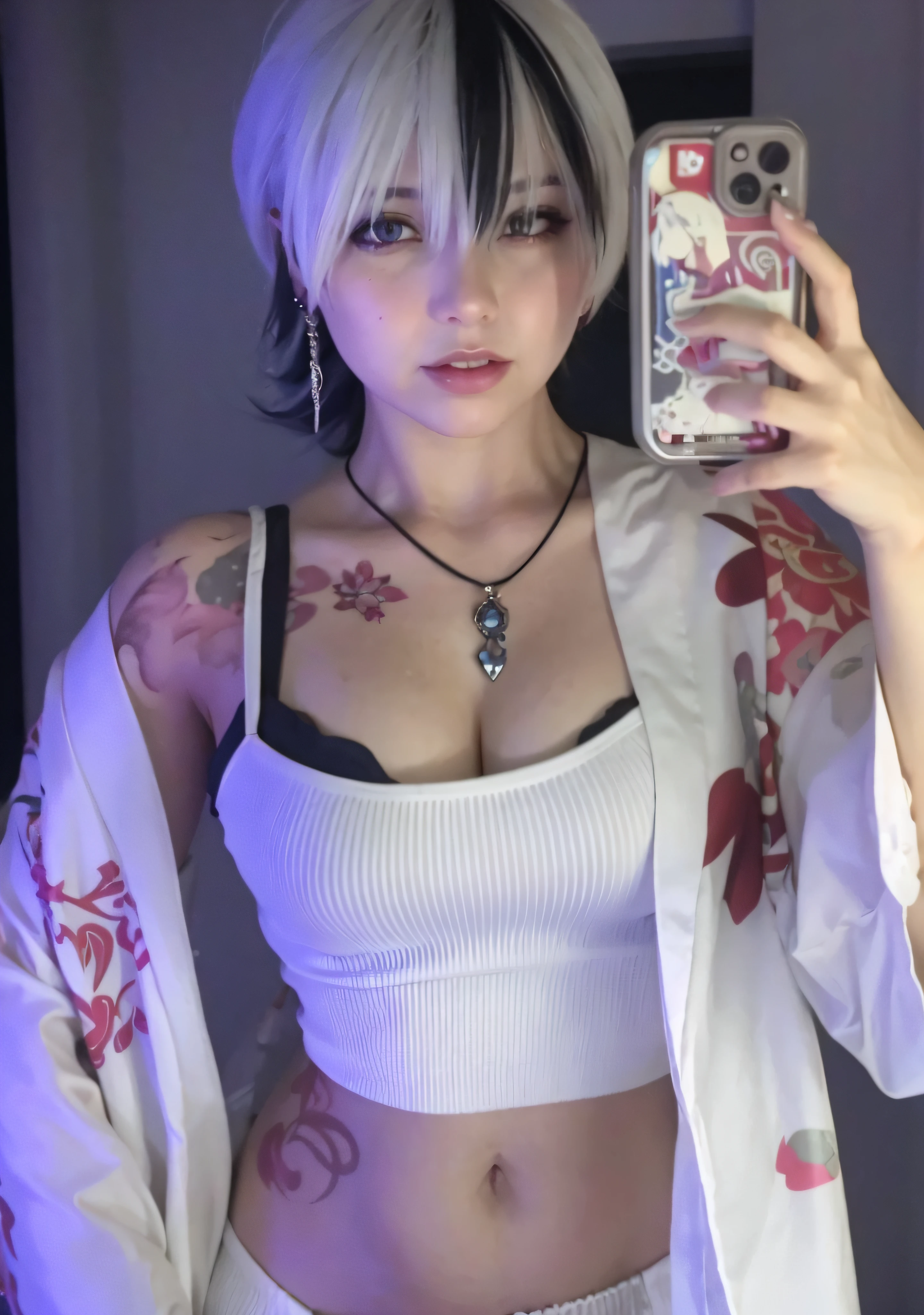 araffed woman with white hair and tattoos taking a selfie, 2 b, 2b, anime character; full body art, anime girl cosplay, anime inspired, anime cosplay, tifa lockhart with white hair, anime style mixed with fujifilm, with short bobbed white hair, cosplay, v from devil may cry as an elf, anime vibes