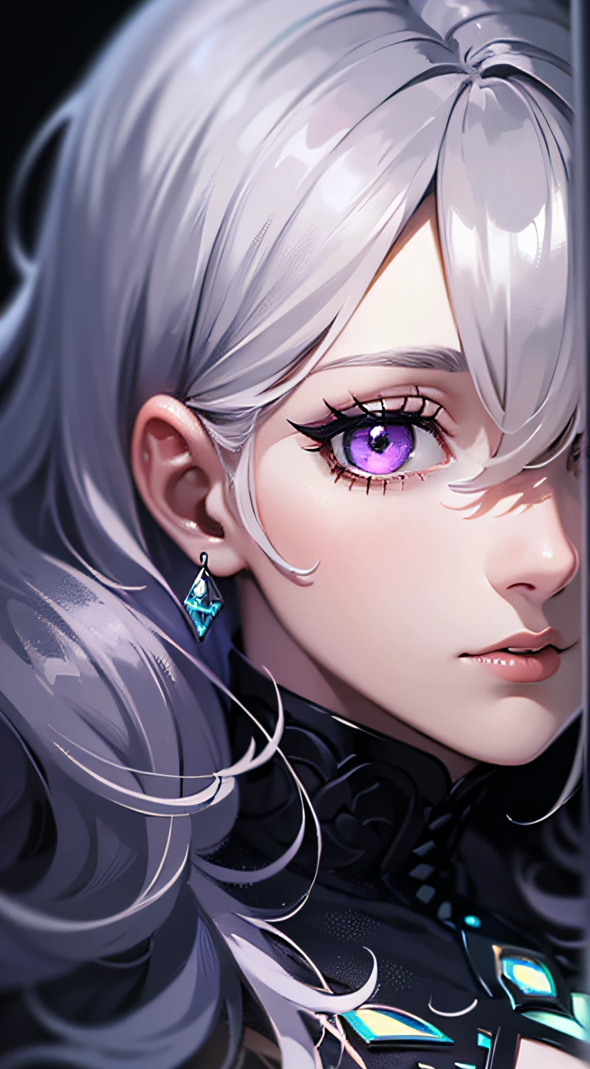 (masterpiece, best quality, ultra-detailed, best shadow), (detailed background,dark fantasy), (beautiful detailed face), high contrast, (best illumination, an extremely delicate and beautiful), ((cinematic light)), colorful, hyper detail, dramatic light, intricate details, (1girl, solo,white hair, sharp face,purple eyes, hair between eyes,dynamic angle), blood splatter, swirling black light around the character, depth of field,black light particles,(broken glass),magic circle,