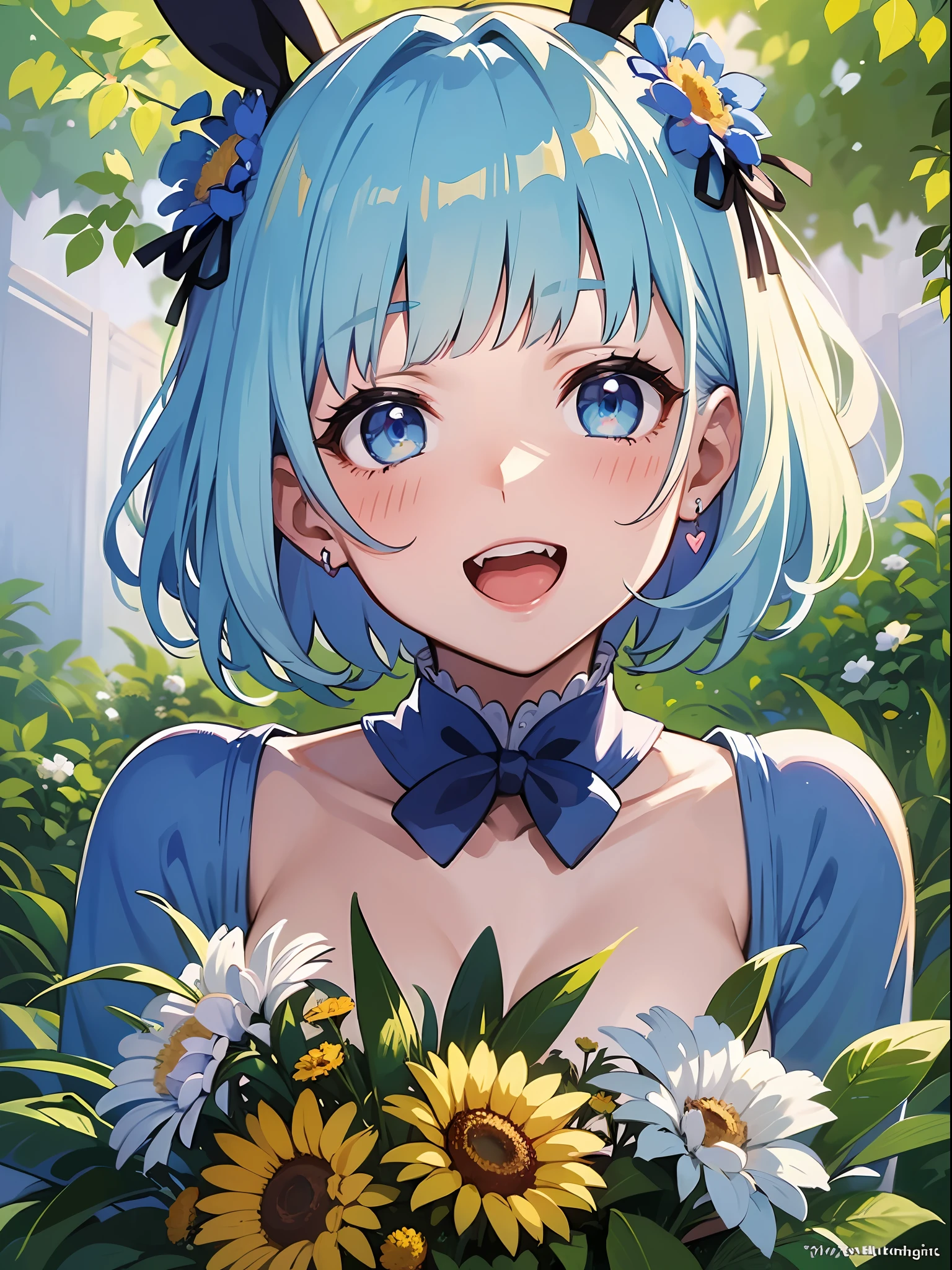 (masterpiece:1.3), (best quality:1.3), high resolution,
couboy shot,
leaning forward, (holding:1.1), body facing forward,
(one cute girl:1.3), solo,
white skin, small Breast, eight-headed person,
light blue hair, (bobbed hair:1.2), (short hair:1.2), (blunt bangs:1.2), beautiful hair, blue eyes, beautiful detailed eyes,
blush, open mouth, heart, cheerful smile,
playboy bunny, (bouquet:1.1),
outdoors, flower garden, natural park,
shadowlighting,