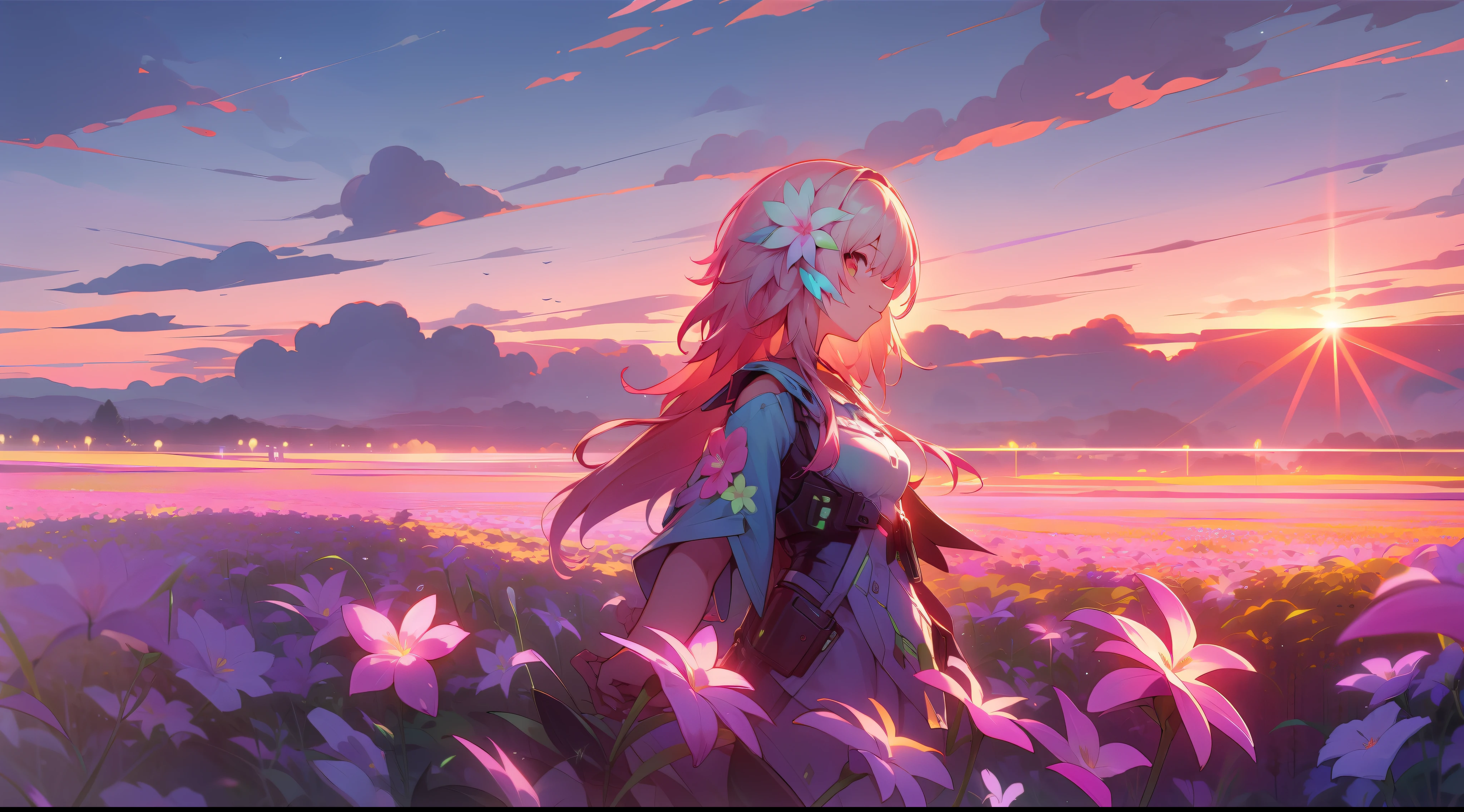 Girl in the field, (((Neon flower fields))), Medium Shot Shot, Portrait, Clouds, Sunrise