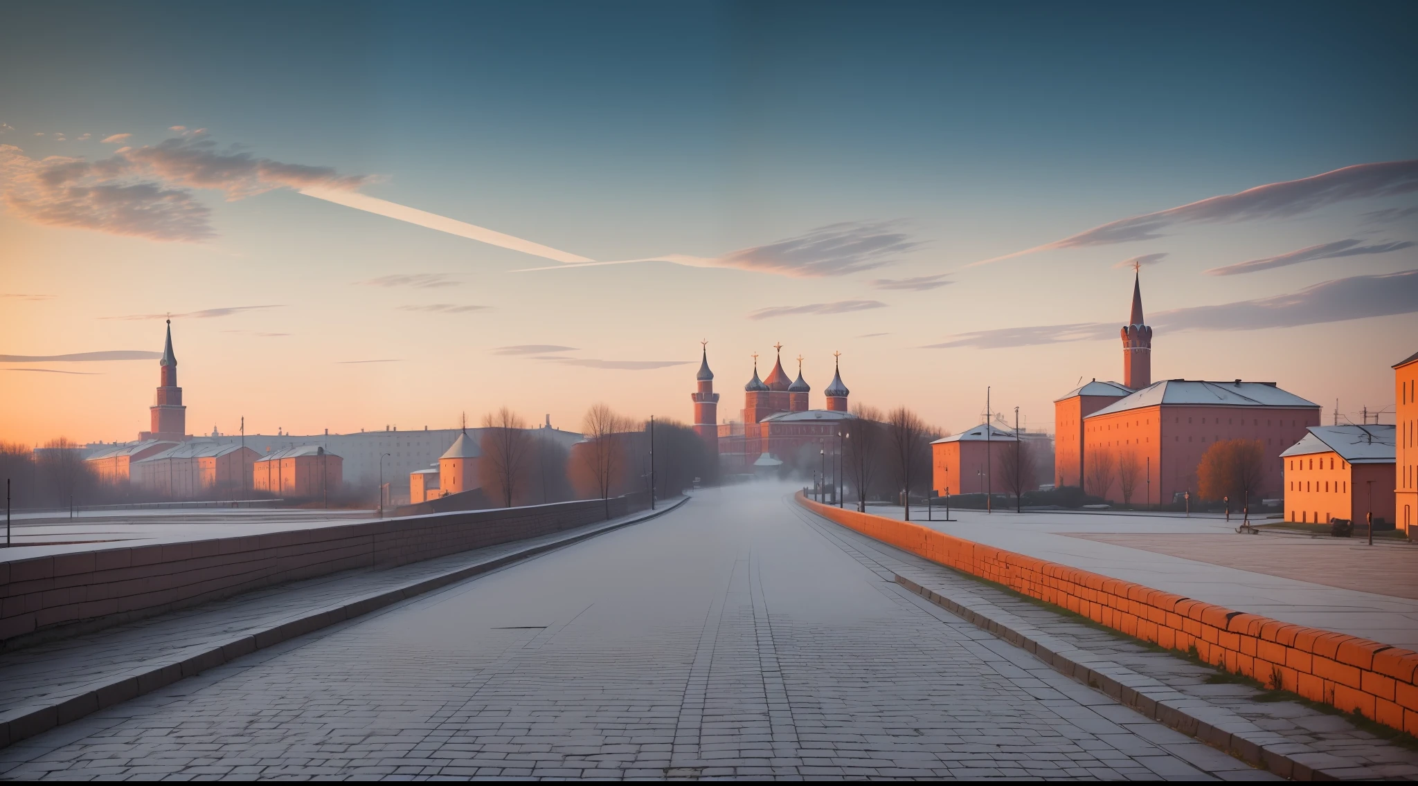 A provincial Soviet town, 1950s, sovietic era, post-war scenery, nizhny novgorod, few medieval Russian buildings, cobblestone, misty evening, early evening, starting sunset, high horizon, landscape, evening sky