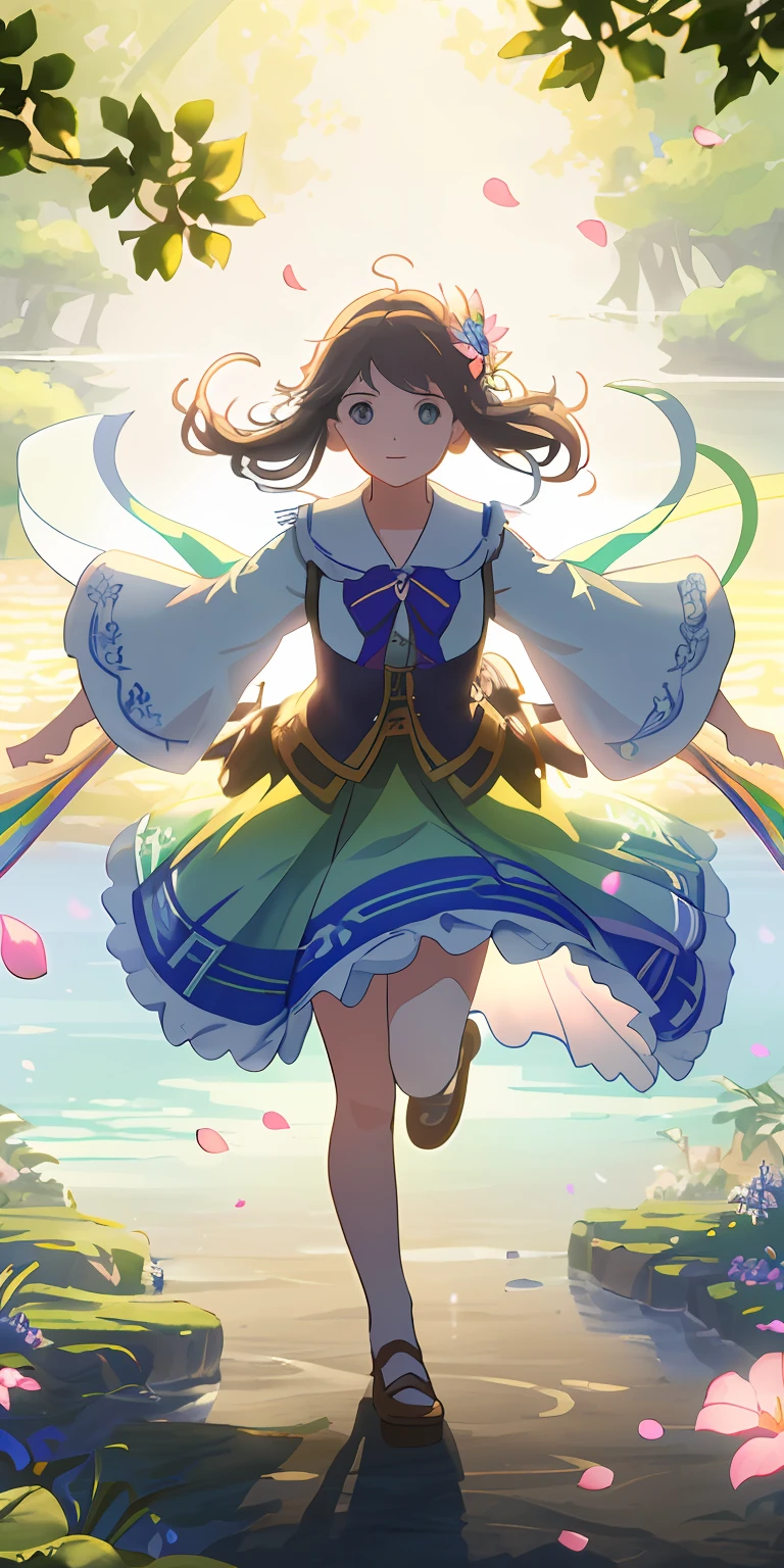 Masterpiece, best quality, (very detailed CG unity 8k wallpaper) (best quality), (best illustration), (best shadows) Nature's delicate leaves petals of rainbow colors falling in the air light Tracking, two boat, running flower super detailed --v6
