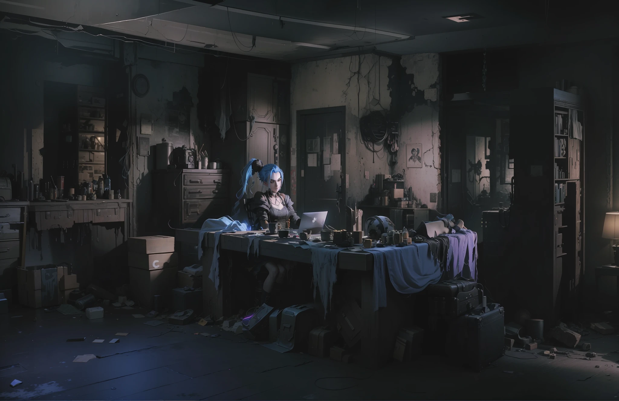((Best quality)), ((masterpiece)), (highly detailed:1.3), 3D, arcane style,In the dark and courageous dystopian city of Piltover, plagued by violence and divided into two opposing factions, a young prodigy named Jinx emerges. Having endured unimaginable loss and abandonment, she embraced a life of chaos and destruction. Known for her inventive and explosive abilities, Jinx becomes an icon of rebellion against the oppressive forces that control the city. However, haunted by guilt and battling inner demons, she must confront her past and decide whether to continue on the path of anarchy or seek redemption amid the turmoil. Explore Jinx's journey as she navigates a treacherous world, fighting for survival, unlocking secrets, and discovering the true meaning of her twisted existence, chaos reigns supreme, and at the center of it all is Jinx, the embodiment of unpredictability. Delve deep into Jinx's twisted mind, exploring the origins of his madness and the driving force behind his destructive nature. Unravel the moments that shaped her into the crazed, iconic character we know. Take us on a wild journey through the vibrant streets of Piltover and the shadowy suburb of Zaun as Jinx wreaks havoc with his explosive arsenal. Can redemption find its way into Jinx's fractured soul? Or will she dance forever on the edge of sanity, embracing the chaos that fuels her very existence? Arcane's fate hangs in the balance as Jinx's path intertwines with unlikely allies and formidable enemies. Ignite your imagination and paint a vivid portrait of Jinx's distorted psyche, capturing the essence of her madness and the indomitable spirit that defines it, HDR (High Dynamic Range), Ray Tracing, NVIDIA RTX, Super-Resolution, Unreal 5, Subsurface Scattering, PBR Texturing, Post-processing, Anisotropic Filtering, Depth of Field, Maximum Clarity and Sharpness, Multit Textures