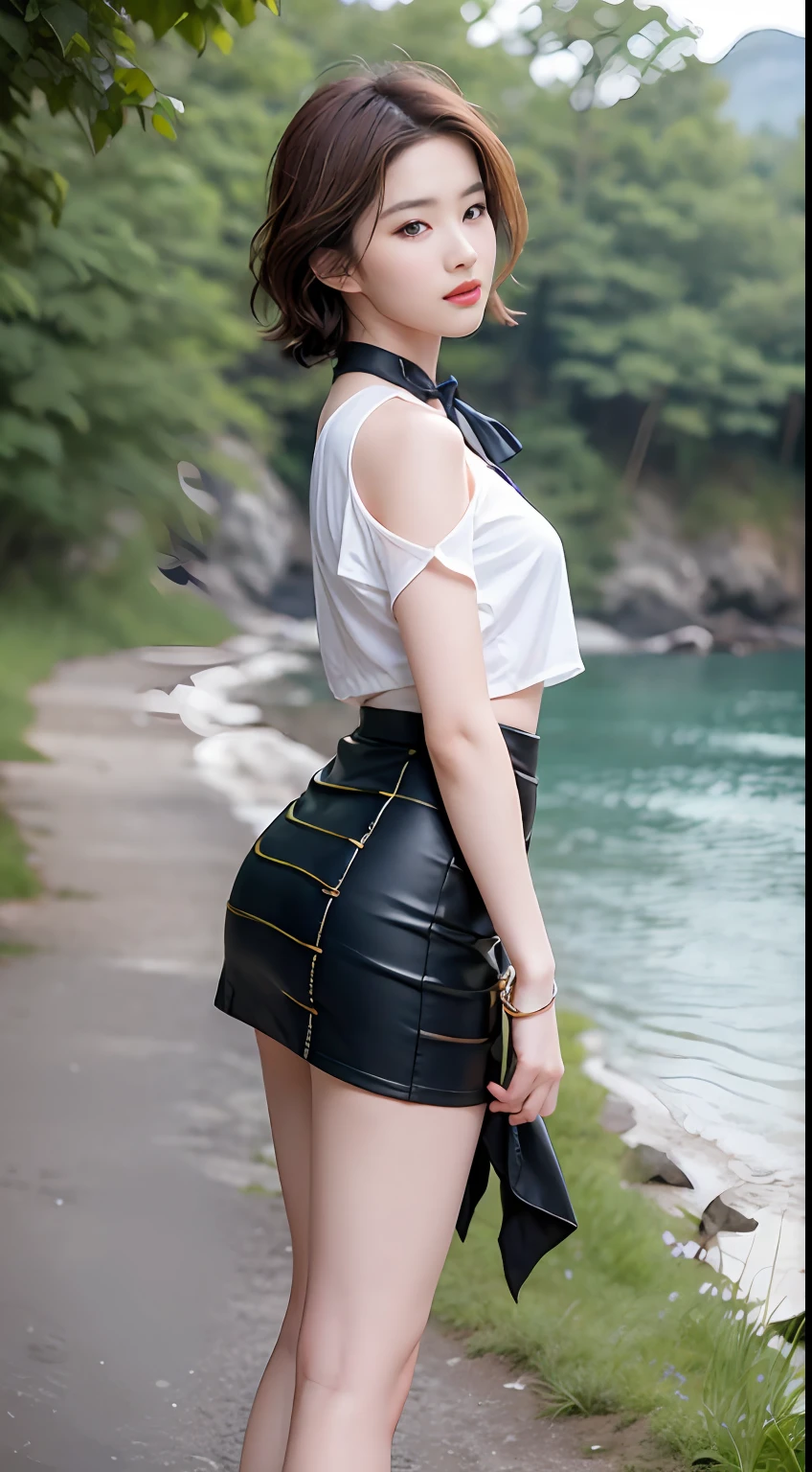 NSFW, 8K Raw photograph, best qualtiy, tmasterpiece, 超高分辨率, filmgrain, cinematic ligh, 1girll, looking at viewert, Natural skin texture, Realistic Eyes and Face Details, full pouty lips, lipsticks, (putting makeup on), Red eyeshadow, Short fluffy hair, messy hair, ssmile, Keep one's mouth shut, beautifullegs, Tall women, being thin, Slim_Legs, 独奏, Brustwarzen, Pose with your hips facing you, Superskirt, hindquarters, Beautiful natural location, Location of flowers around, (detailedbackground) , Show a little through the shirt, Footwear, vague background, bblurry, halter,, short- sleeved, JK ribbon around the neck, JK ribbon, brown hair, bangle, Eau, By bangs, Pocket clothes, jewely, parted lip, cparted lips, From the side Side, Printed skirt, depth of fields,beachside,are standing,