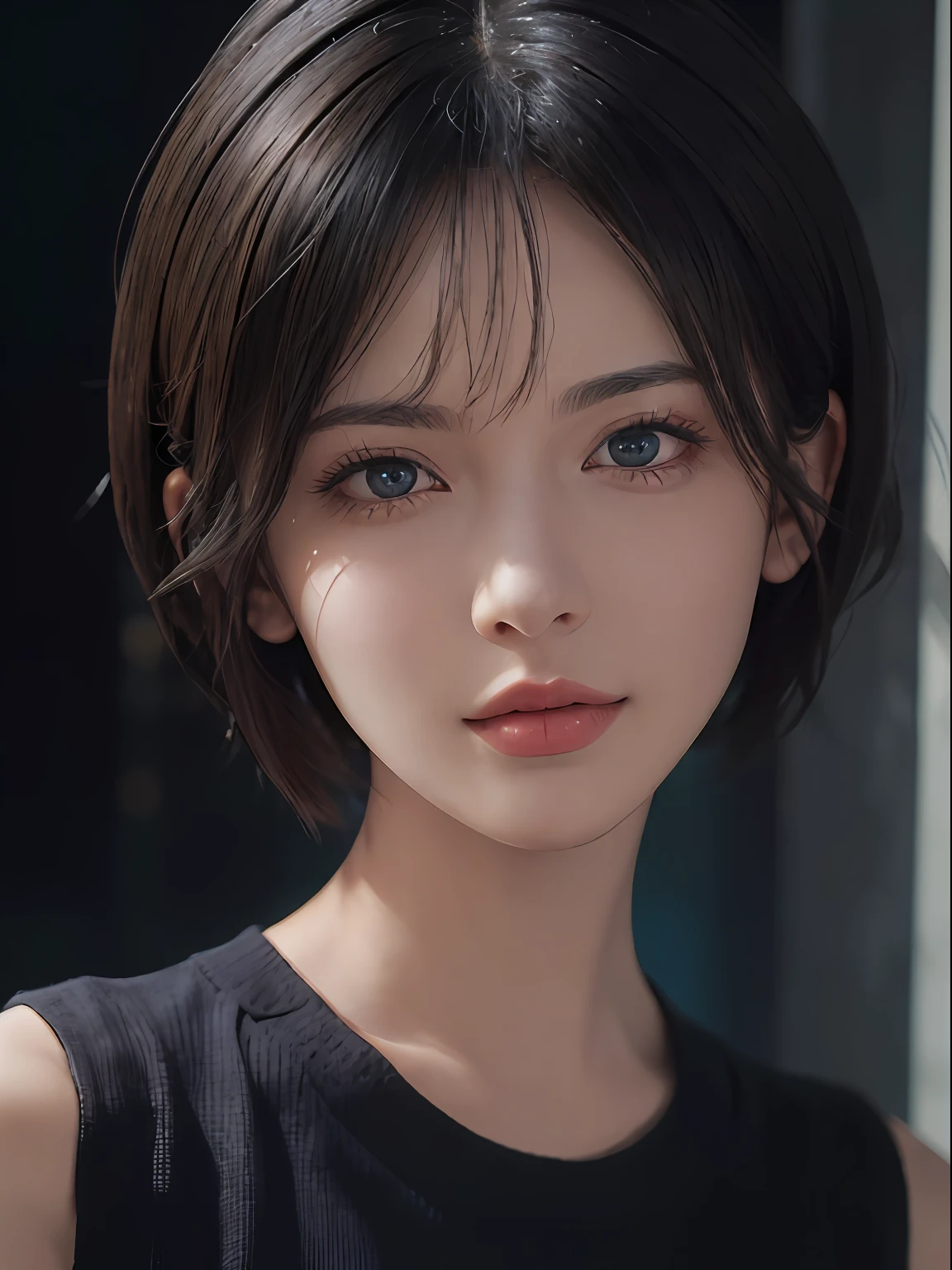 (masterpiece:1.3), (8k, photorealistic, RAW photo, best quality: 1.4), (1girl), beautiful face, (realistic face), (black hair, short hair:1.3), beautiful hairstyle, realistic eyes, beautiful detailed eyes, (realistic skin), beautiful skin, (sweater), absurdres, attractive, ultra high res, ultra realistic, highly detailed, golden ratio
