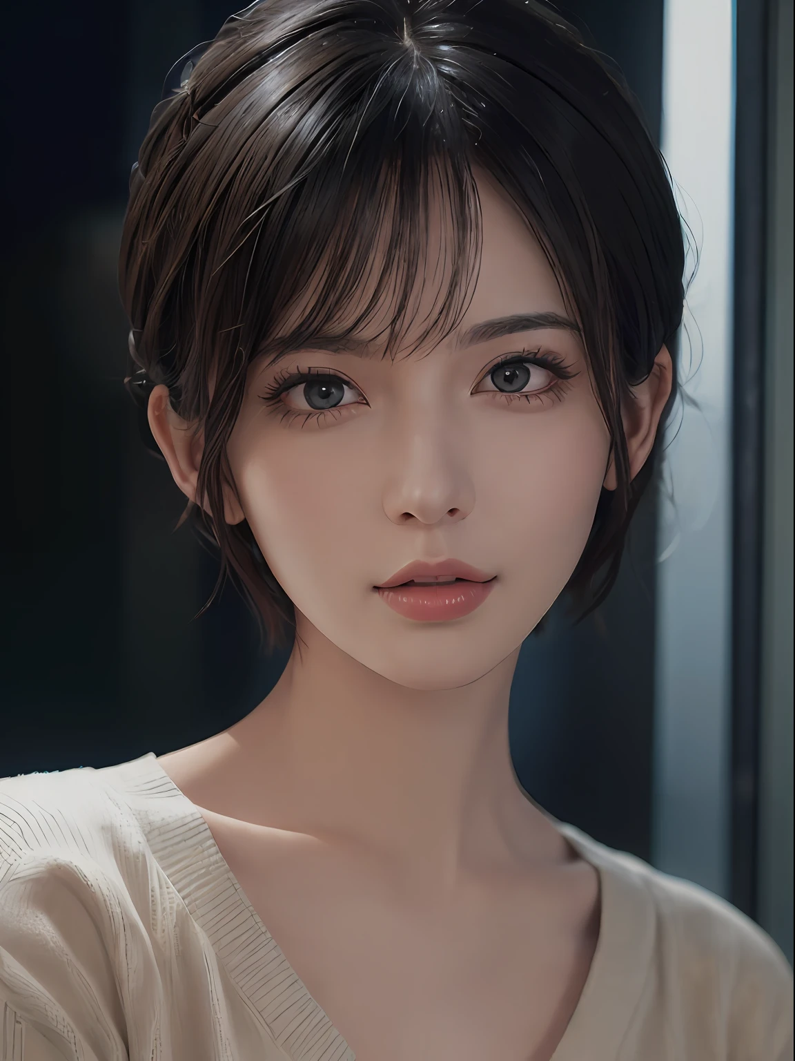 (masterpiece:1.3), (8k, photorealistic, RAW photo, best quality: 1.4), (1girl), beautiful face, (realistic face), (black hair, short hair:1.3), beautiful hairstyle, realistic eyes, beautiful detailed eyes, (realistic skin), beautiful skin, (sweater), absurdres, attractive, ultra high res, ultra realistic, highly detailed, golden ratio