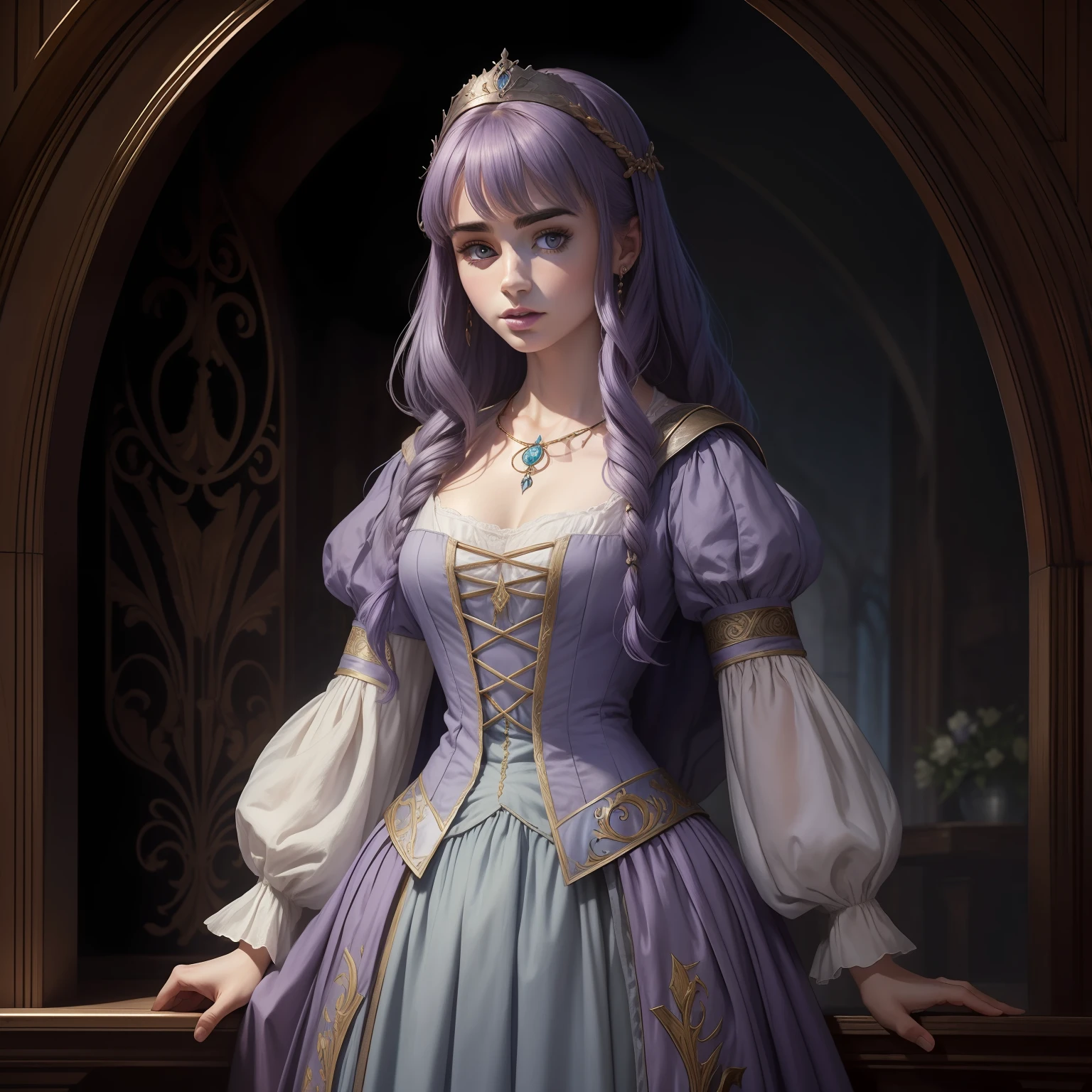 Lily Collins com longos cabelos pretos em um chemise medieval, medieval plebeian clothing of lilac blue color, an illustration is detailed, lisa e brilhante, corpo inteiro, arte HD por Justin Gerard