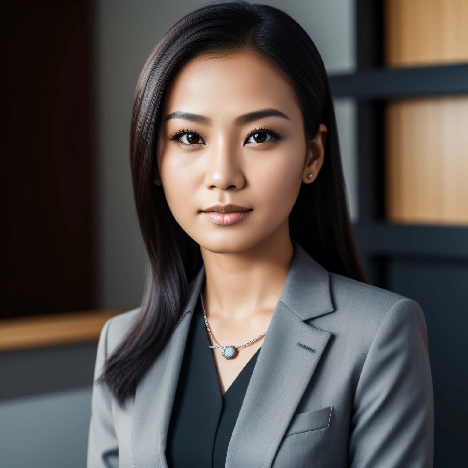 arafed moslem indonesian woman in a gray suit posing for a picture, wearing moslem business suit, moslem woman in business suit, wearing a moslem business suit, girl in suit, well lit professional photo, professional closeup photo, wearing black business suit, female in office dress, girl in a suit, close-up professional portrait, indonesian woman, an asian woman, wearing a strict business suit. (makeup:0.3), full body shot:1.3,bokeh:1.2, indoors, smooth skin, necklace, black_hair, realistic_detailed_skin_texture, good hands, good feet, (8k, RAW photo, best quality, masterpiece:1.2), (realistic, photo-realistic:1.37), ultra high res, photon mapping, radiosity, ((Hasselblad photography)),physically-based rendering, professional soft lighting, light on face