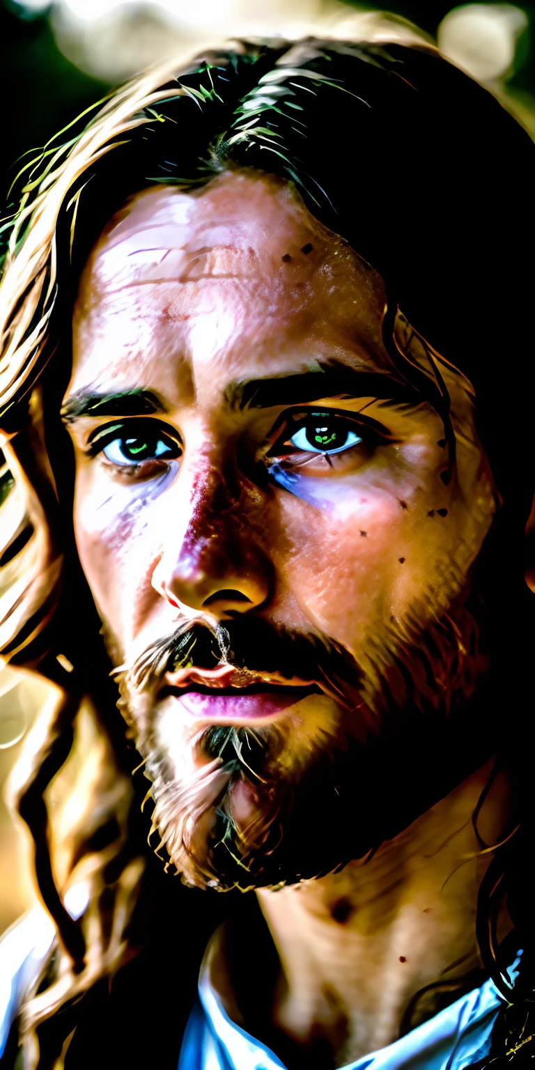 portrait of Jesus Christ, cinematic lighting, depth of field, bokeh, realism, photorealistic, hyperrealism, professional photography, uhd, dslr, hdr