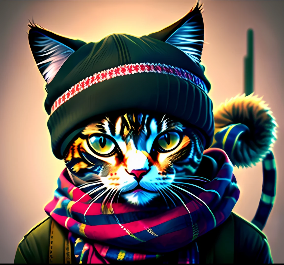picture of a cat in a hat and scarf, art station trend, dressed in punk clothes, hyper realistic detailed rendering, british gang member, urban style, intimidating pose, planet of cats, fashion clothes, urban samurai, meow, west slavic traits, 8 1 5
