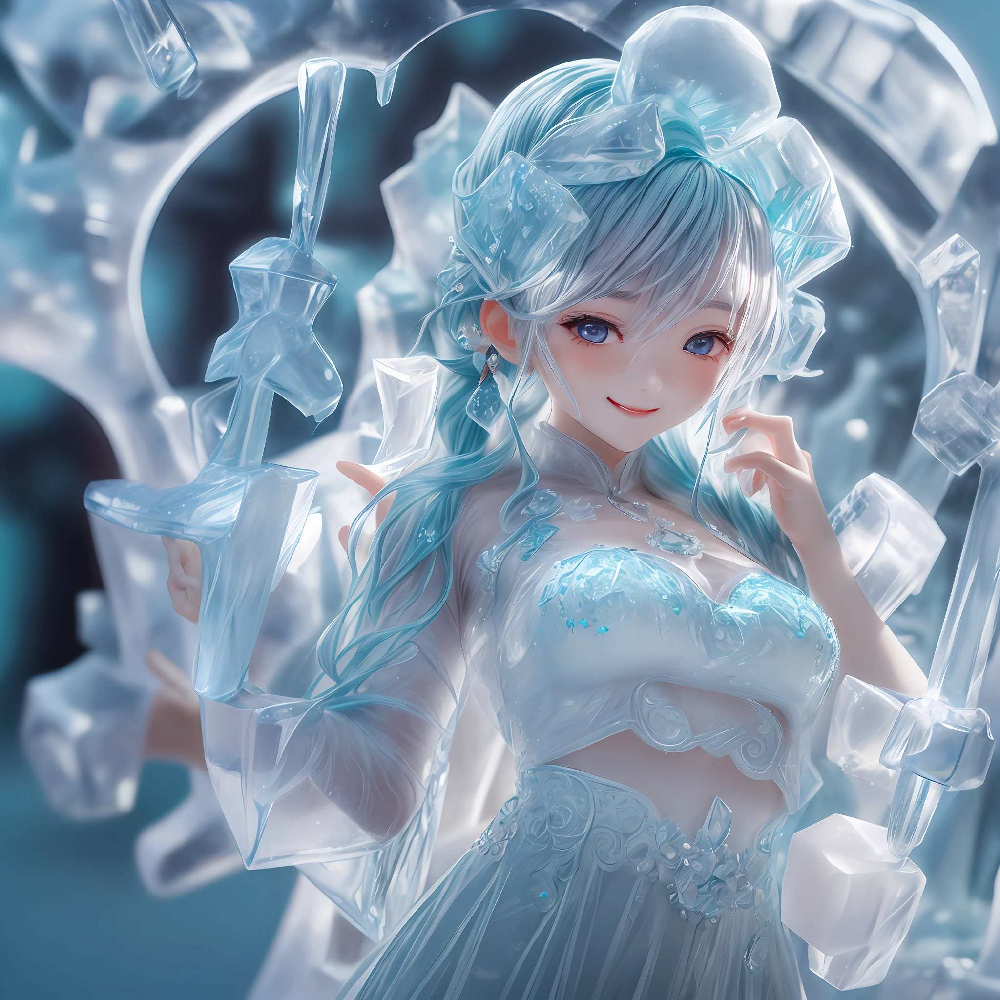 (ice sculpture:1.4),cinematic angle,(Cute Ice Sculpture Girl,anatomically correct,full body,Masterpiece Ice Sculpture camellia,Masterpiece Hanfu,smile),(Best quality, high detailed, Masterpiece, Cinematic Lighting, 4K)