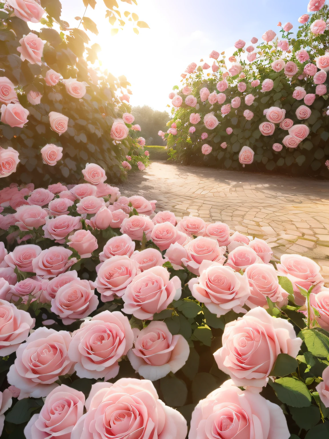 There are a lot of pink roses in the garden，and the sun was shining brightly, roses in cinematic light, Rose garden, rose background, Rose background, Beautiful flowers, beautiful fine sky, sunny morning light, laying on roses, Rose, rosette, Plenty of sunshine in the morning, radiant morning light, portal made of roses, Flower beds on the floor, shining sun, with soft pink colors