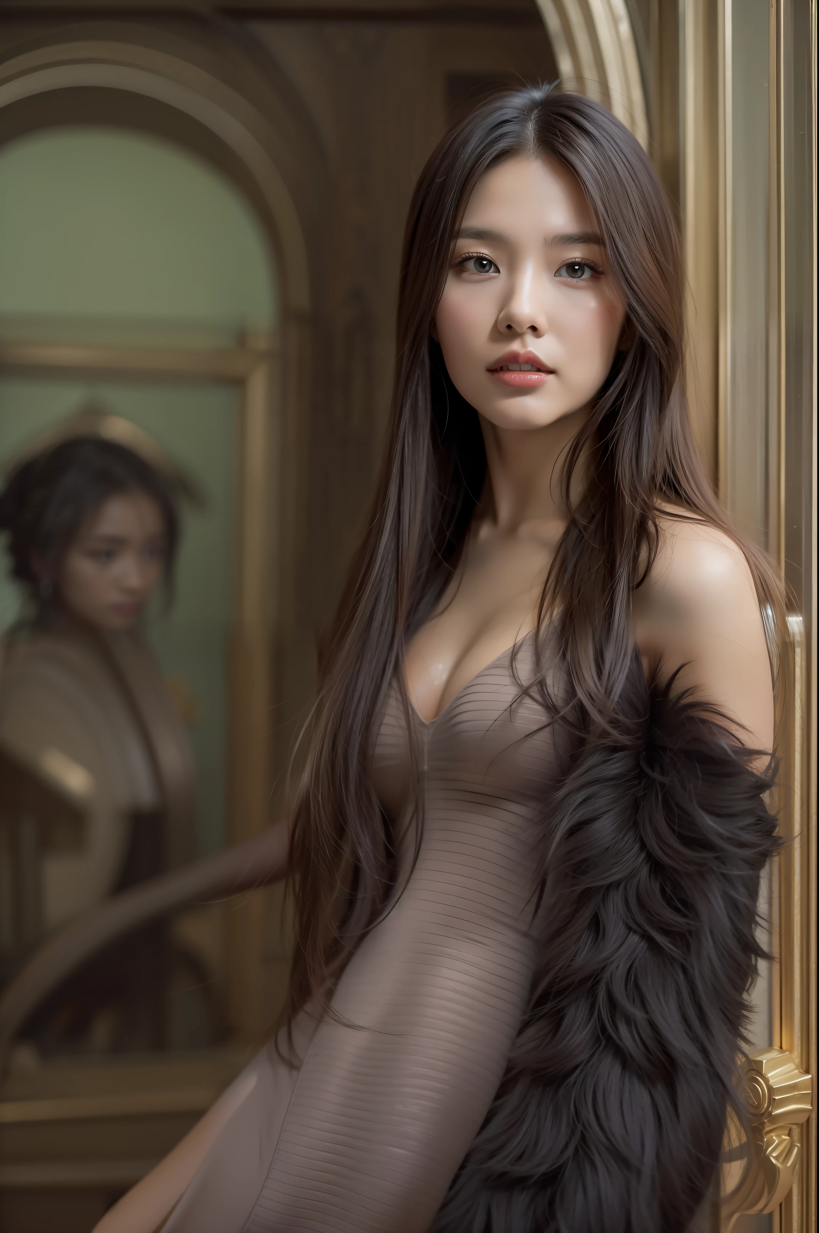 Model woman posing, Very beautiful 20 year old woman, The background is a room in the museum, Very long hair, Revealing clothing, Gradient Eyes, makeup, Cinematic lighting, , One-person viewpoint, canon, nffsw, retinas, masutepiece, ccurate, Anatomically correct, Textured skin, Super Detail, high details, High quality, awardwinning, Best Quality, hight resolution, 1080p, hard disk, 4K, 8K, 16 K