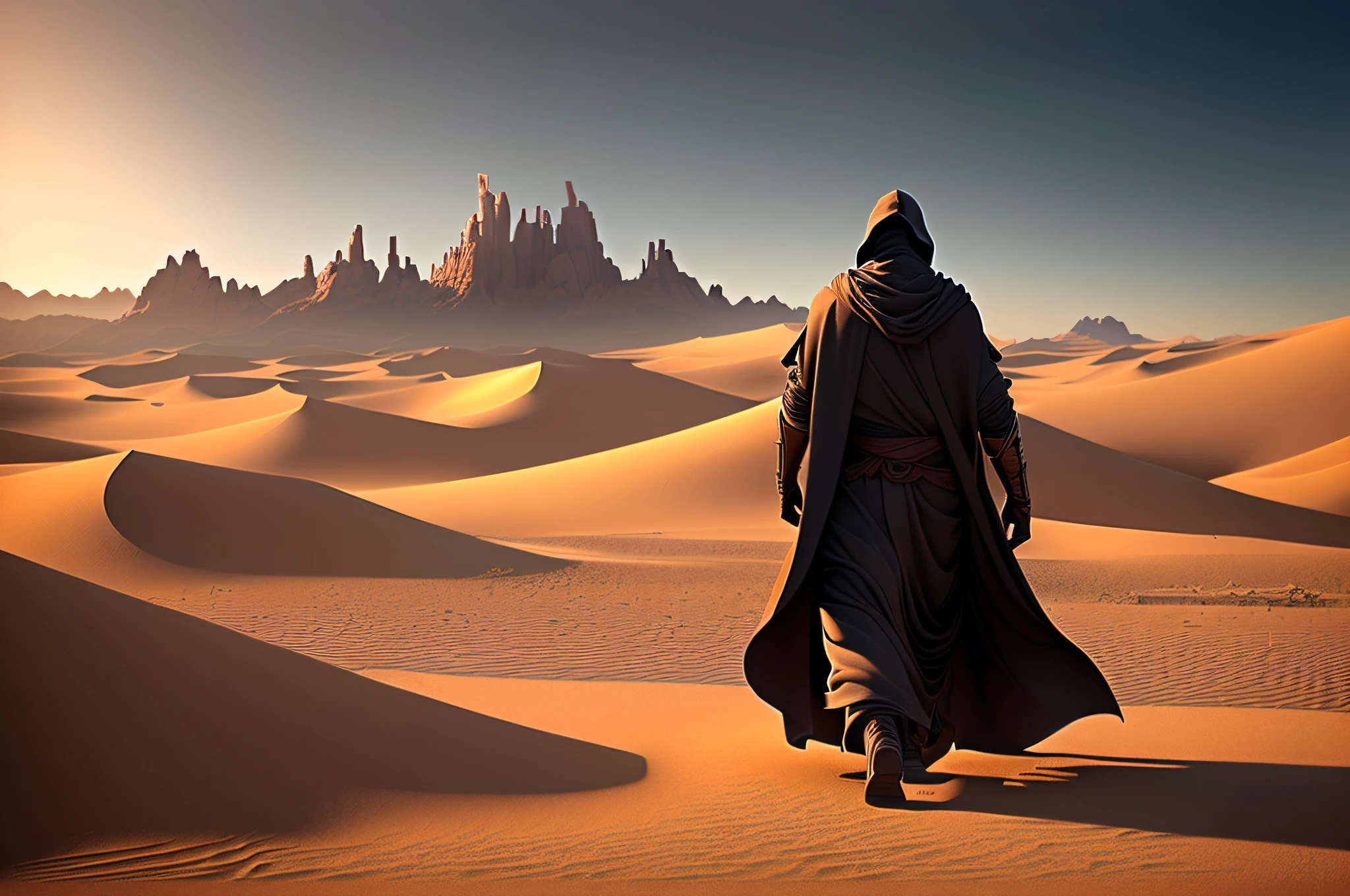 Star Wars poster，A man in a hoodie walks in the desert，Coming from afar，The background is a vast desert，Endless desert， fantasy style 8 k octane render, HQ 4K wallpaper, (rendering by octane) Fantasy style, hooded cloaked sith lord, cinematic 4k octane render, 4 k movie octane rendering, octane render cinematic, dune style, octane render”, octane render”, ww 1 sith sorcerer