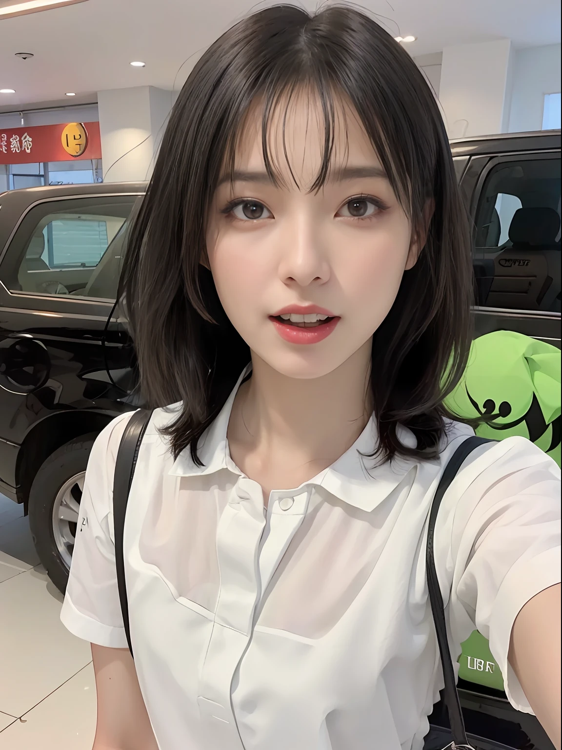 ((top-quality、in 8K、masterpies:1.3))、1girl in、Beautiful woman with slim abs accent:1.3、Super Detail Face、Delicat eyes、二重まぶた、full body Esbian、poneyTail、20yr old、Brown hair、Street、summer clothing、skirt by the、Opens mouth and laughs、Opening Mouth、????? through