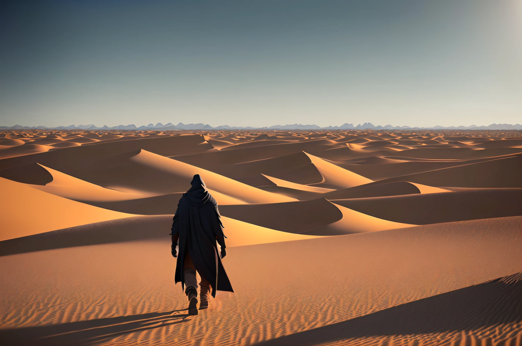 Star Wars poster,A man in a hoodie walks in the desert,Coming from afar,The background is a vast desert,Endless desert, fantasy style 8 k octane render, HQ 4K wallpaper, (rendering by octane) Fantasy style, hooded cloaked sith lord, cinematic 4k octane render, 4 k movie octane rendering, octane render cinematic, dune style, octane render”, octane render”, ww 1 sith sorcerer