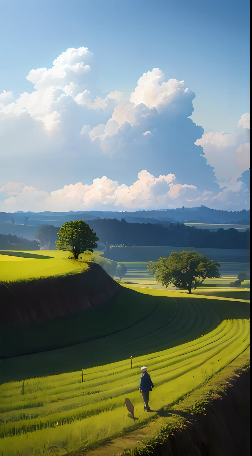 An old farmer carrying a flat burden, walking on the winding path of the countryside, big clouds, blue sky, rice fields, neat rice seedlings in the field, forest, hillside, secluded, countryside, HD detail, hyper-detail, cinematic, surrealism, soft light, deep field focus bokeh, ray tracing and surrealism. --v6